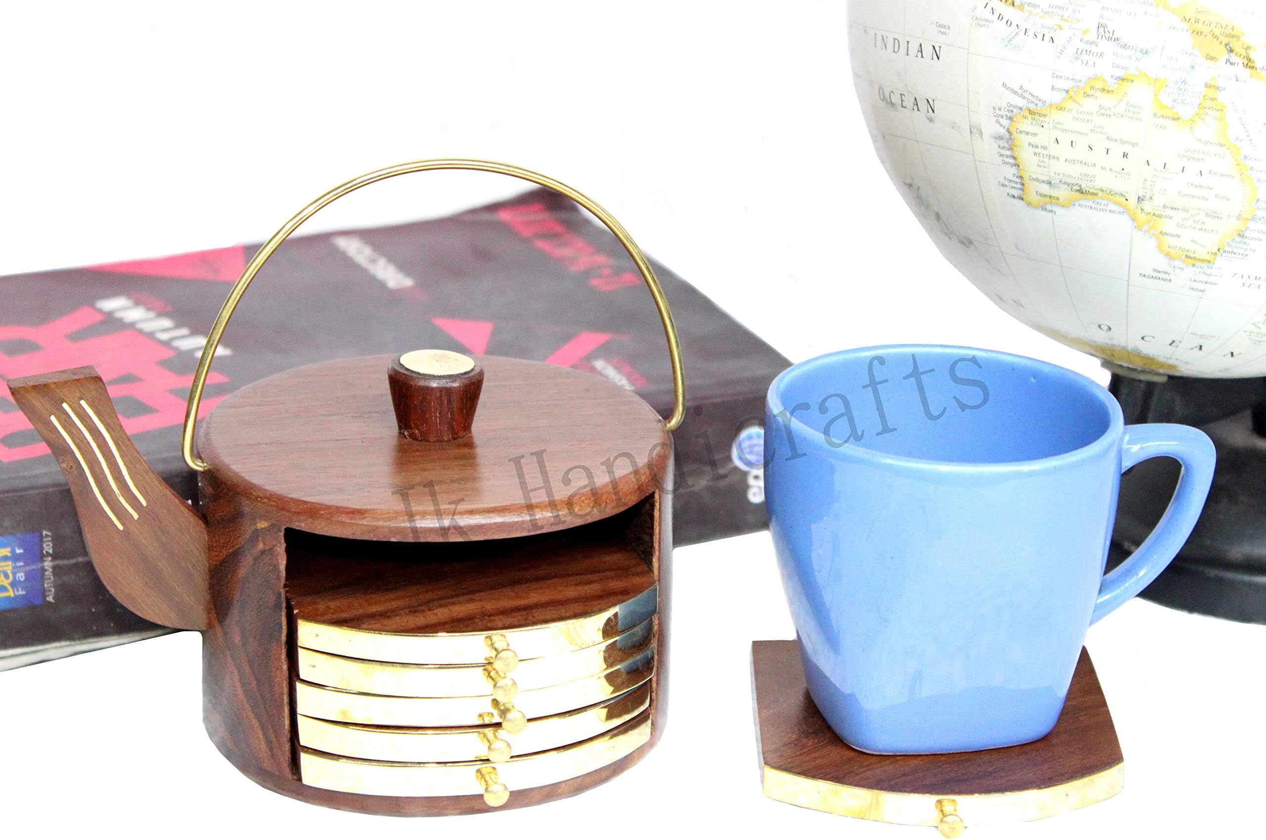 Jk Handicrafts Wooden Coaster Set of 6 Tea Pot Shape Coaster with Brass Design Coffee Table/Kitchen/Dining Table/Kettle Coaster