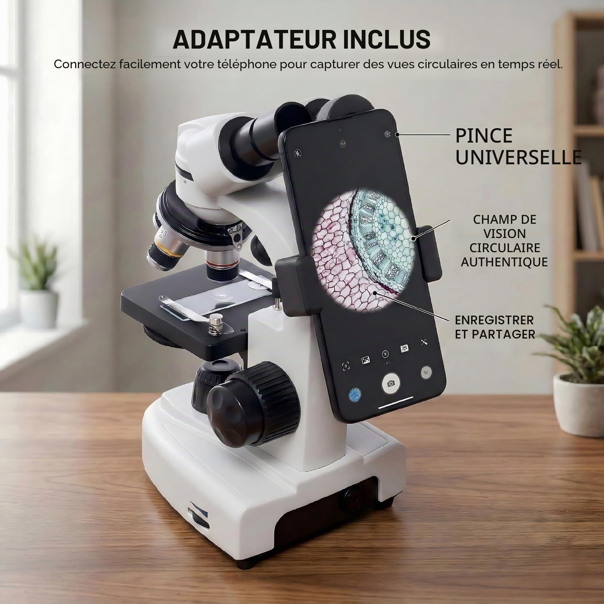 Microscope pour adultes et étudiants, 200X-5000X - Microscopes numériques biologiques binoculaires pour l'éducation à la maison avec oculaire électronique 2 MP, ensemble de lames de microscope