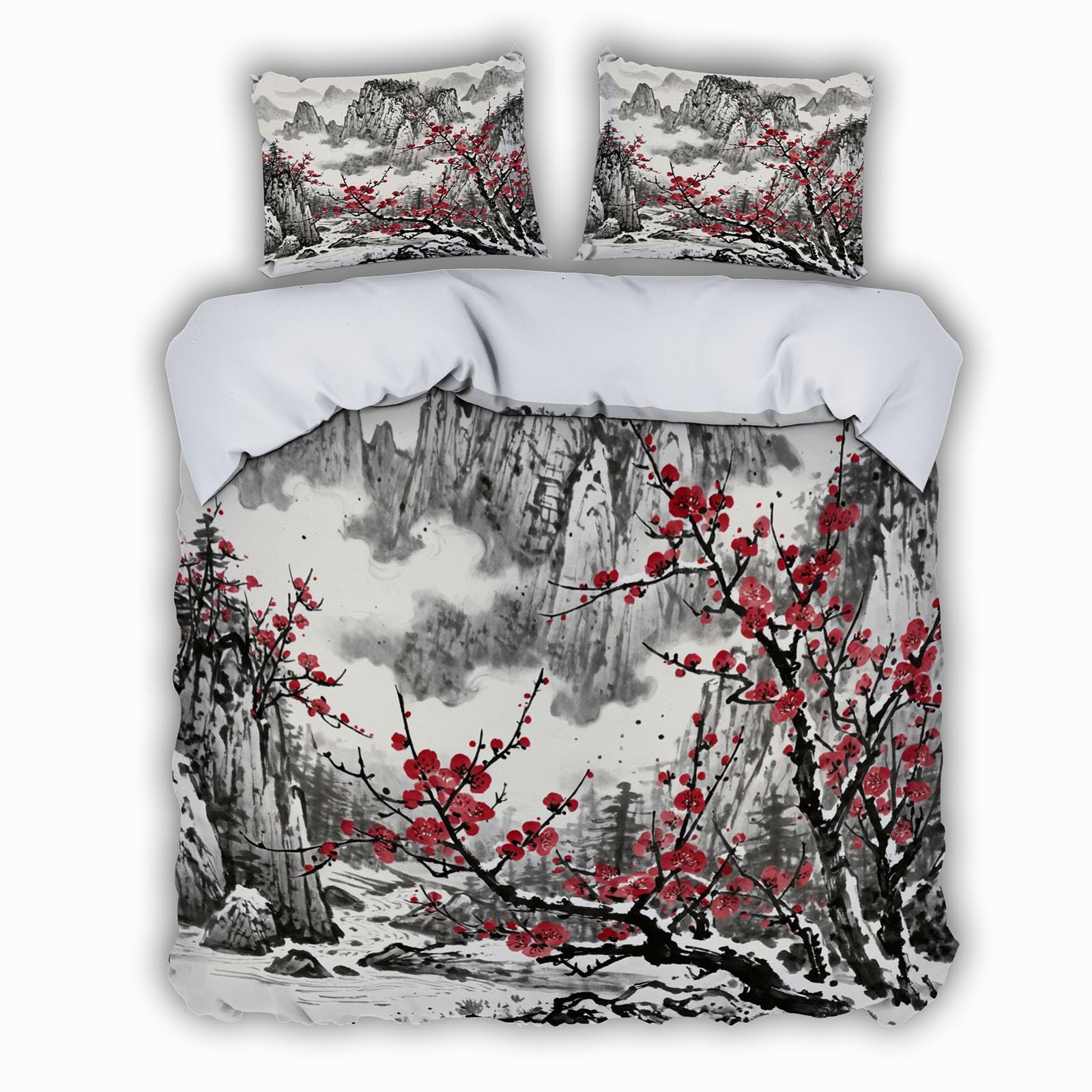 Housse de Couette 240x260 fleurs de cerisier avec 2 taies d'oreiller en microfibre style japonais