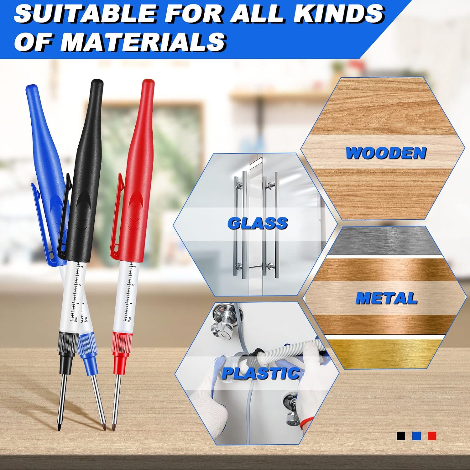 Multi-Purpose Deep Hole Marker Pens Deep Drill Hole Long Nib Marker Waterproof Deep Hole Marker Pens Colorful Carpenter Pen for Bathroom Woodworking Hardware Decoration, Red Black Blue (Stylish Style)