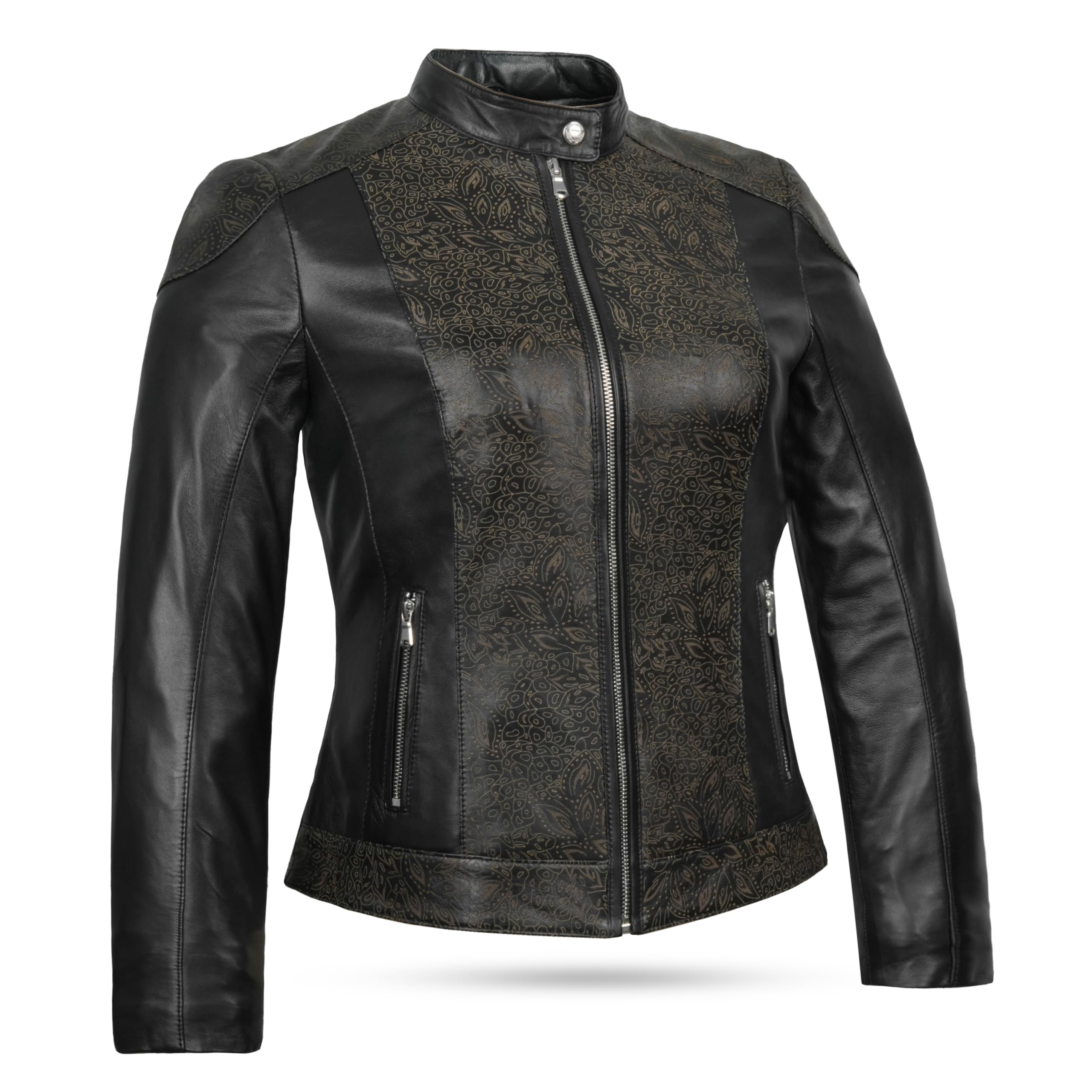 Leatherick Damen Premium Lammfelljacken – schlichtes Schwarz & lasergraviertes Design