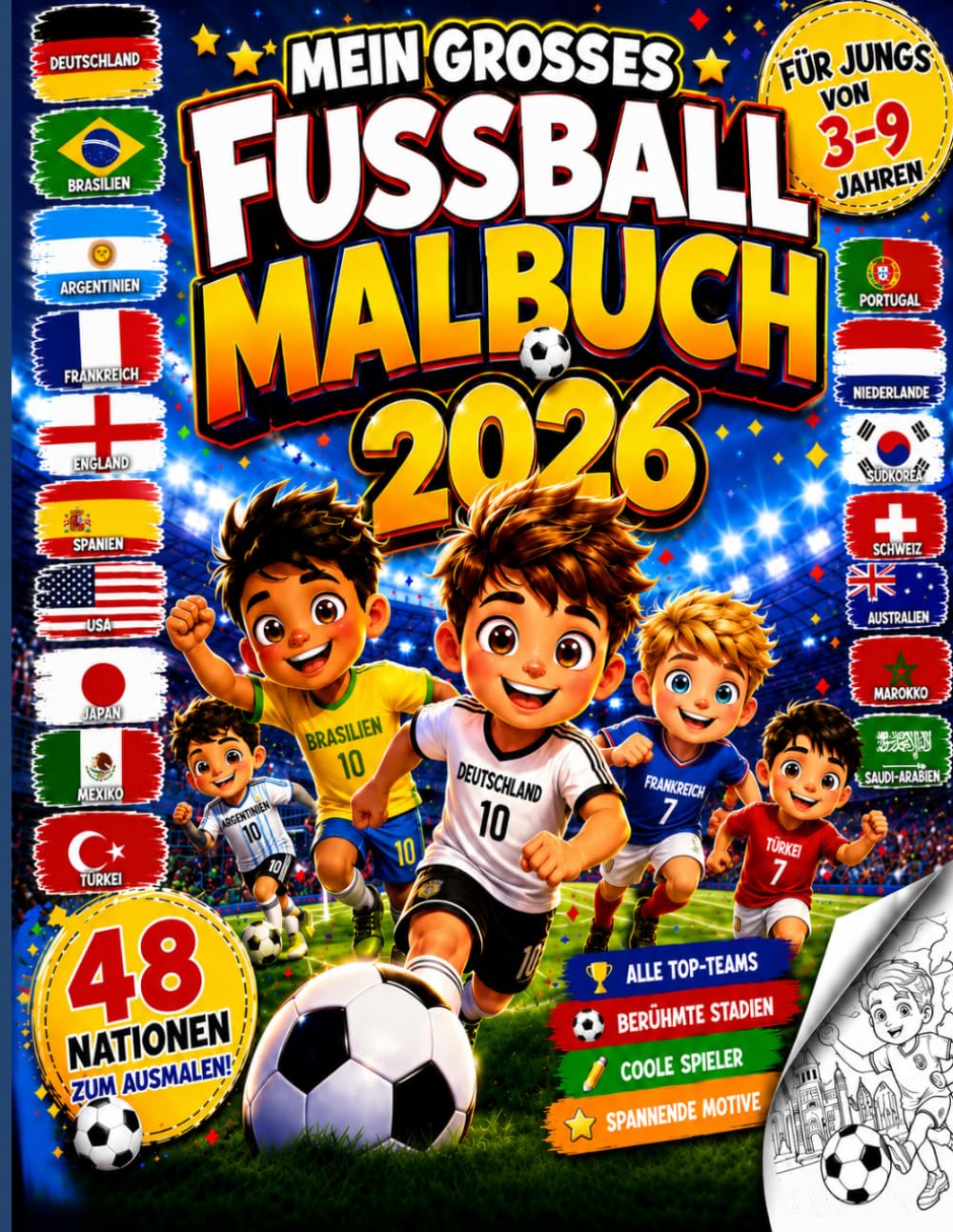 Mein großes Fußball-Malbuch 2026: 48 Fußballnationen, berühmte Stadien und spannende Ausmalbilder für Jungen von 3 bis 9 Jahren