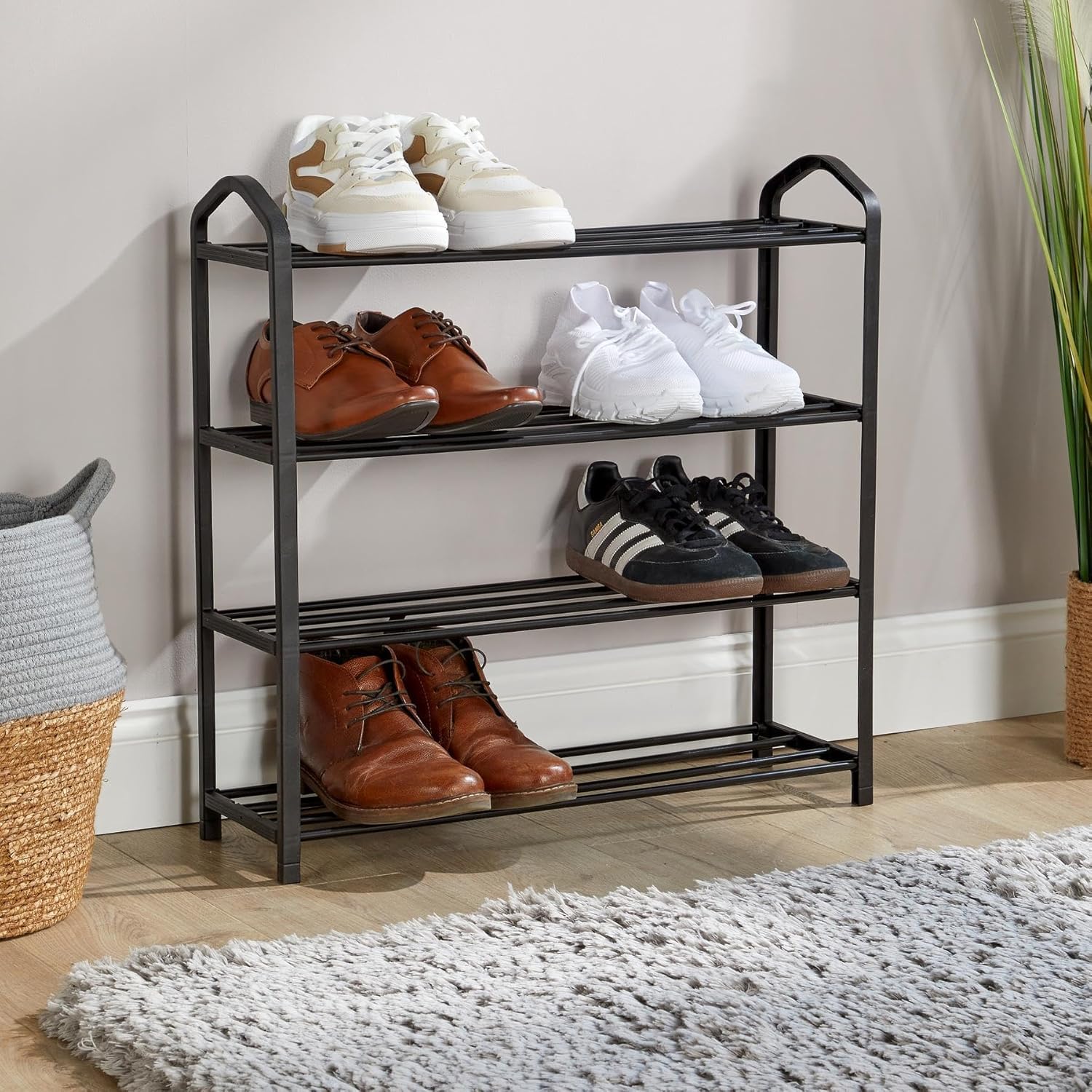 Home Source 4 Tier Shoe Rack, Metal Storage Organiser, Space Saving Design for Hallway Bedroom Entryway, Black, 20D x 62W x 62H cm