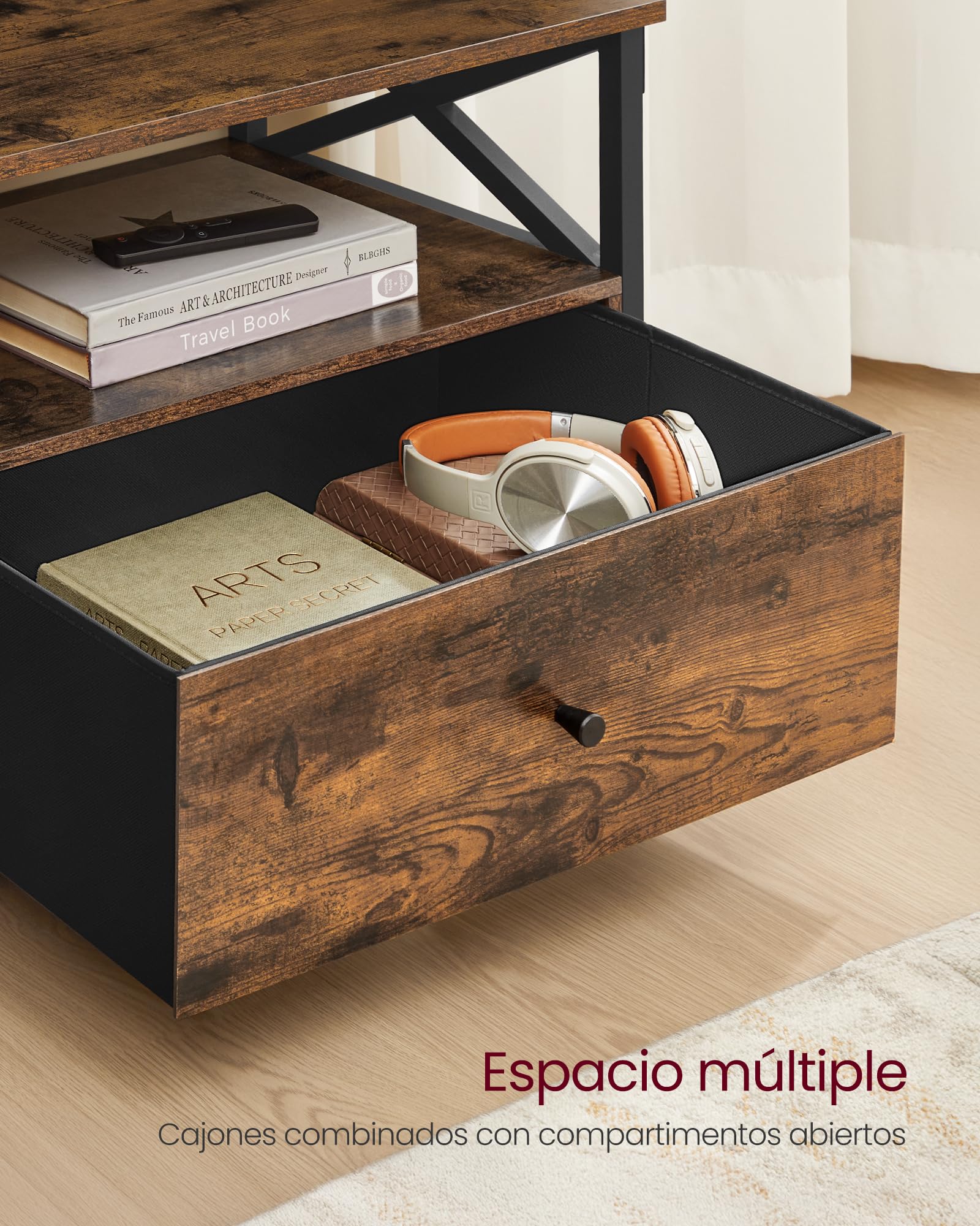 VASAGLE Mueble de TV, Mesa de TV de hasta 80 Pulgadas, con 3 Cajones de Tela y 3 Compartimentos Abiertos, 178 x 40 x 50 cm, para Salón, Dormitorio, Marco de Acero, Marrón Rústico y Negro LTV303KD01