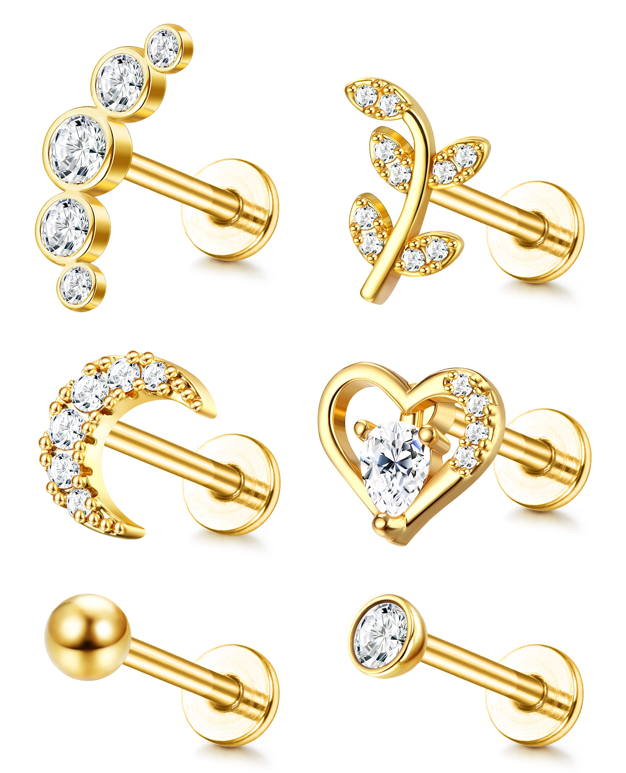 Adramata6Pcs 16G Cartílago Tragus Pendientes De Tuerca Para Mujeres Hombres Con Rosca Interna CZ Luna Corazón Hoja Hélice Conch Labret Monroe Oreja Piercing Joyería