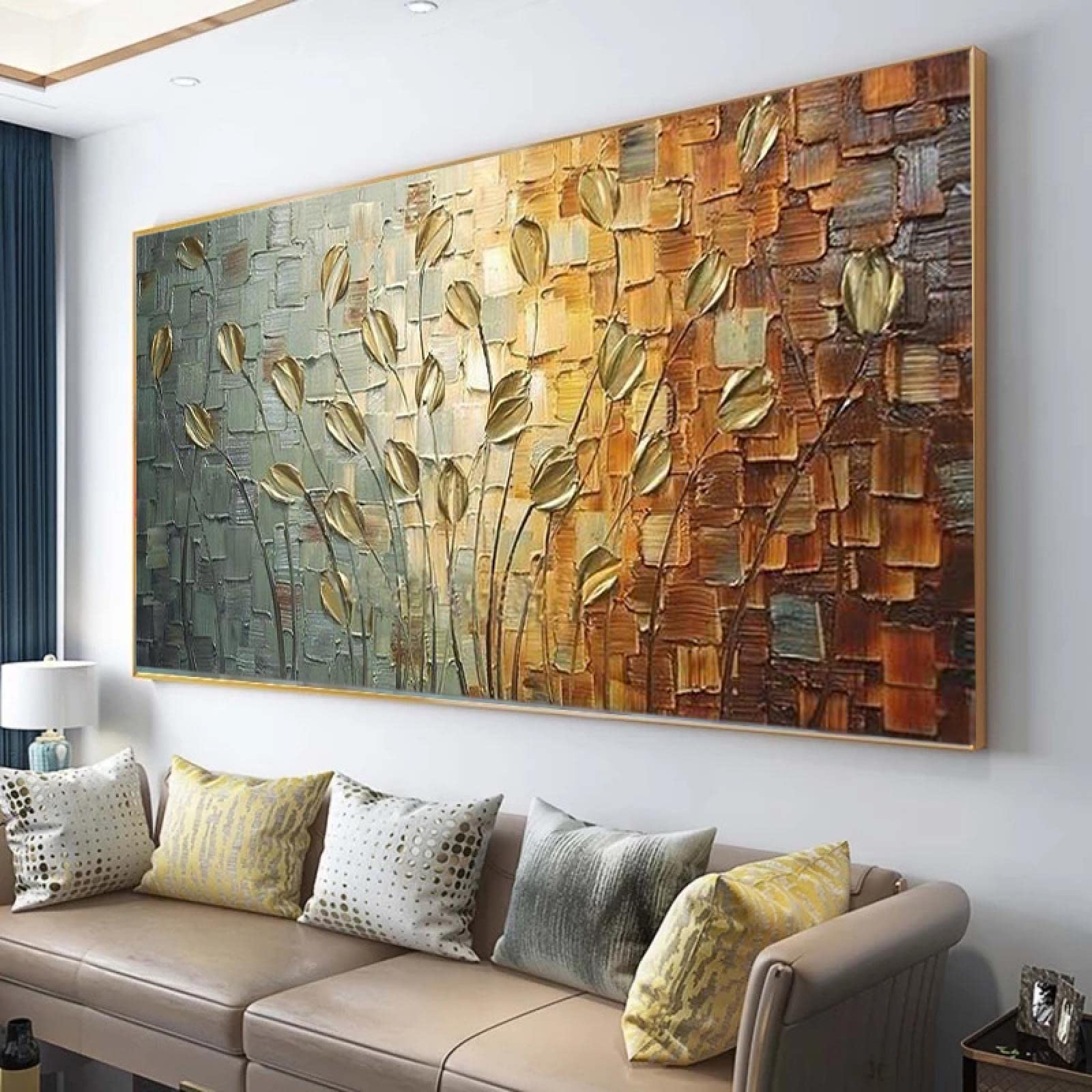 HYFBH Large Nordic Canvas Print Wall Art Leaves Flowers Abstract Painting on Canvas Wall Art Posters Pictures for Home Decor 50x110cm/20x43inch With-Gold-Frame