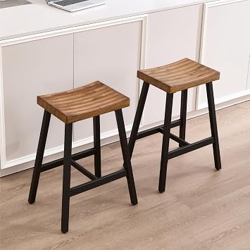 chairus 26" Backless Metal Counter Height Bar Stools Set of 2, Industrial Saddle Counter Stools with Curved Wood Seat, Rustic Kitchen Island Bar Chairs, Antique Brown