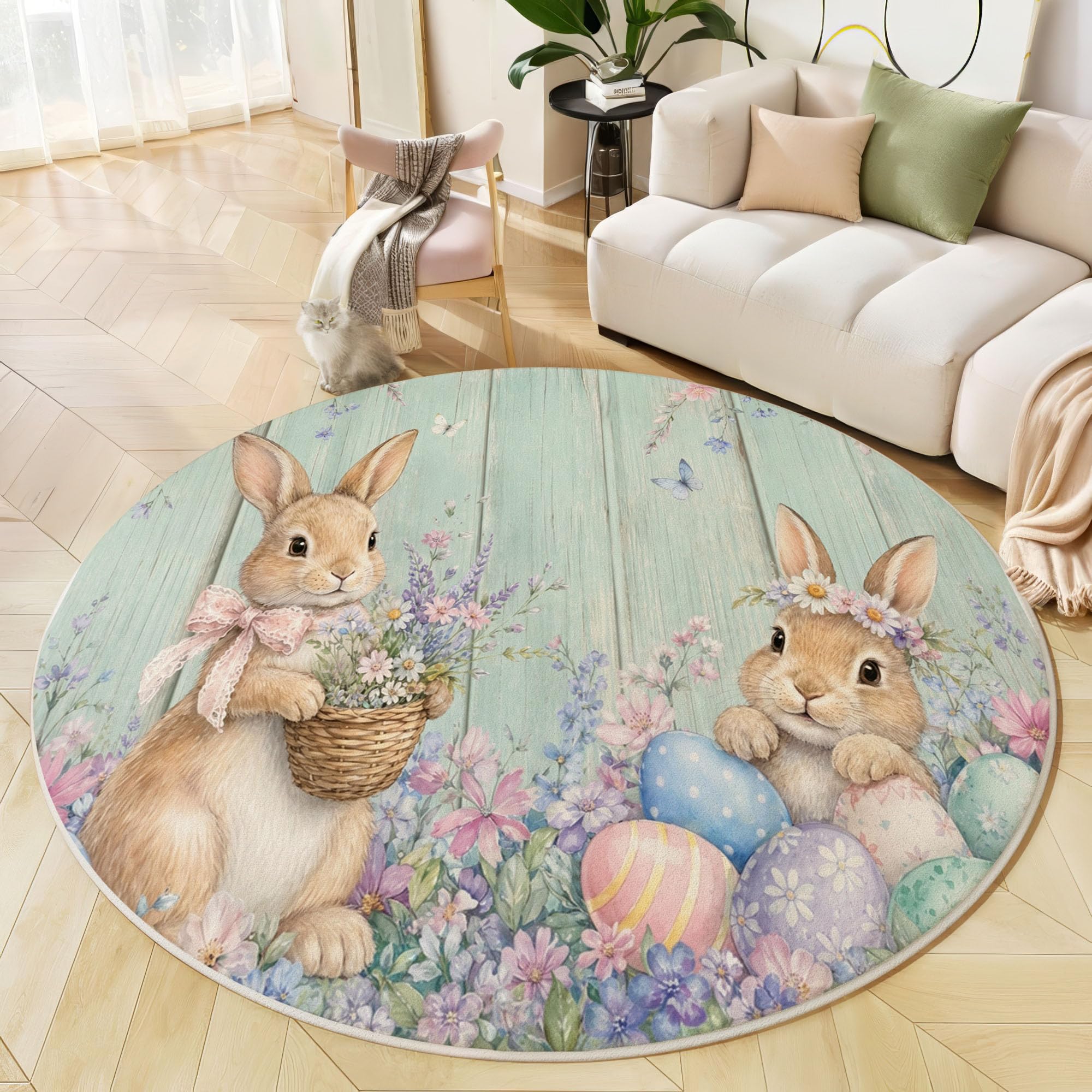 Tapis Rond Lavable Antidérapant Lapin De Pâques Mignon | Campagne Fleurs Grain De Bois Rond Tapis 120 Cm Doux Poil Ras Pour Salon Chambre Bureau, Vert Menthe Moquette Circulaire