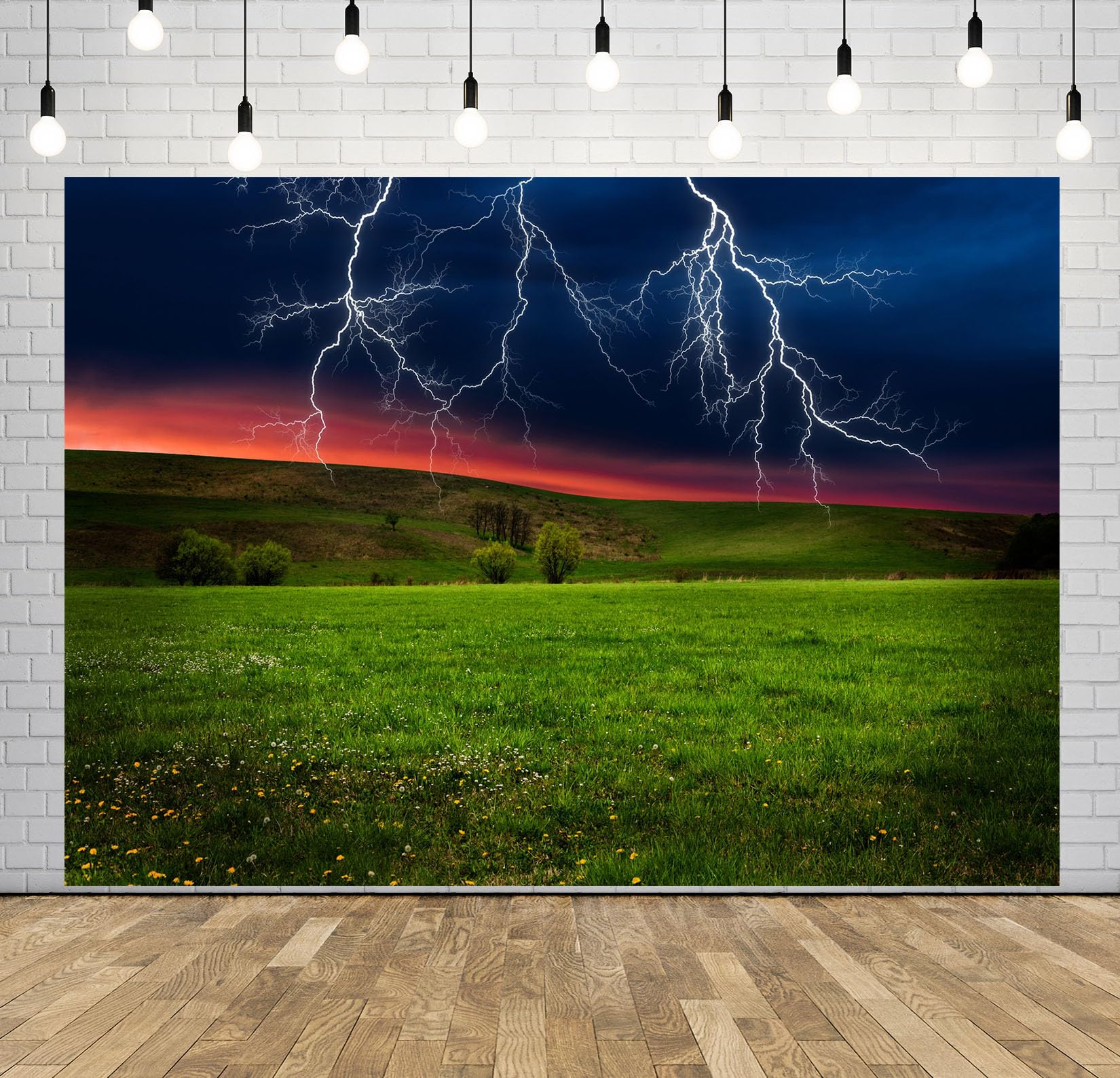 17x10FT (5.2x3m) Tempesta Di Fulmini Su Prato Verde Sfondo Fotografico | Tempo Drammatico In Campagna Fondale In Tessuto,Molti Fulmini Bianchi,Per Eventi Meteo E Ritratti Drammatici,Photo Booth