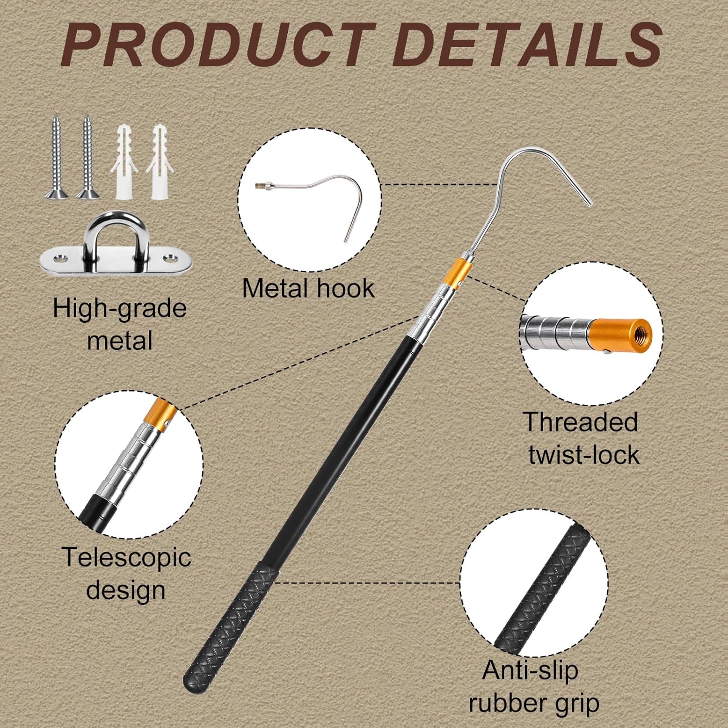 Attic Pull Down Hook, 63-Inch Telescopic Attic Pull Down Rod, Premium Stainless Steel Hook, Extendable Attic Ladder Pull Down Pole System Kit