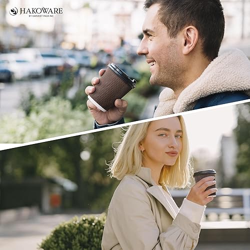 Miniatura 6 de Paquete de 150 tazas de café desechables de 8 onzas, taza de papel de doble pared con tapa, diseño geométrico marrón, té bebidas de chocolate