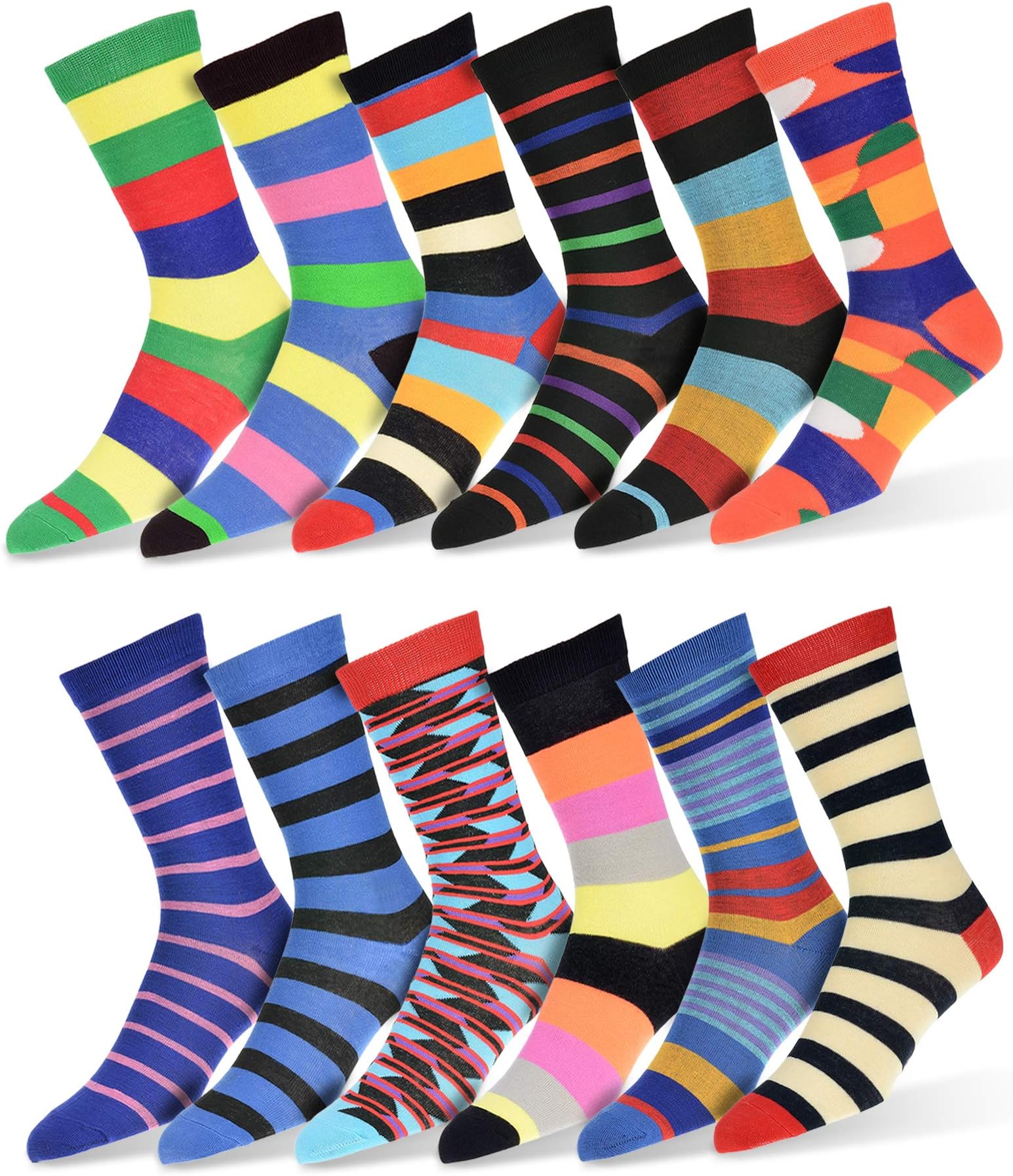 Mens Fun Funky and Colorful Patterned Dress Socks with Cool and Crazy Designs -12 Pack