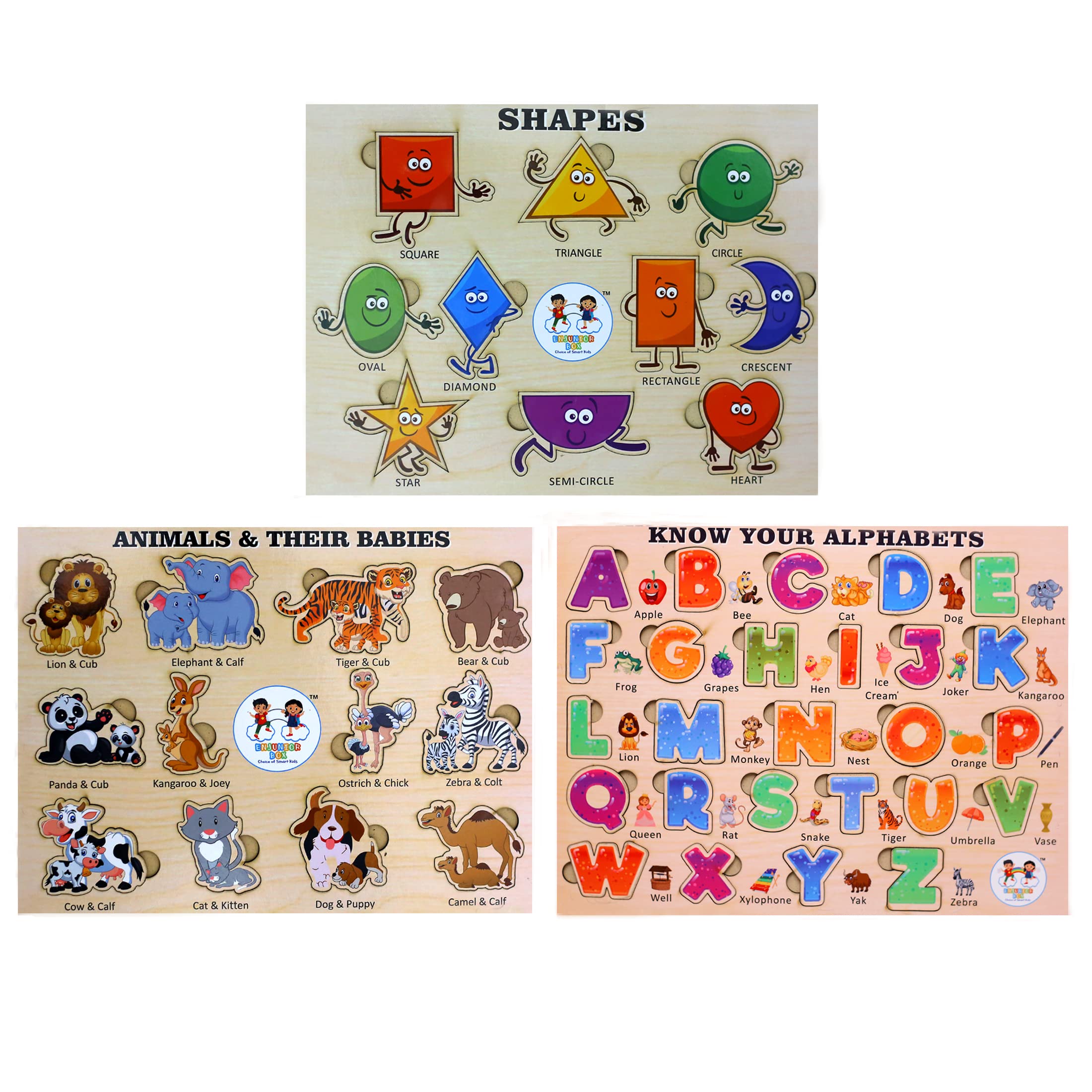ENJUNIOR BOX - Wooden Puzzle Without Knobs Educational and Learning Toy for Kids (Alphabets+Shapes+Animals) (B0B1ZT3JSH) Amazon Price History, Amazon Price Tracker