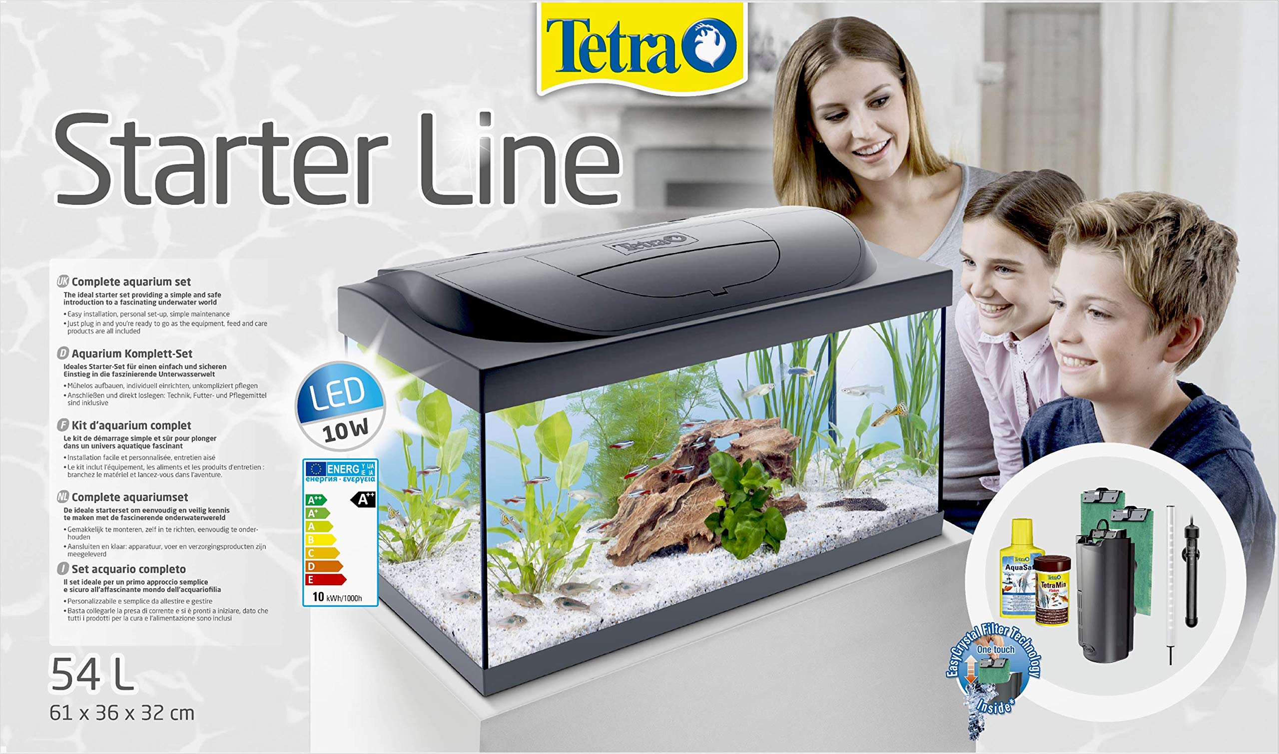 Tetra Starter Line Acquario LED, Set Completo con Illuminazione a LED, Acquario Stabile per Principianti con Tecnologia, Cibo e Prodotti per la Cura, 54 L, Nero/Trasparente, 61 x 36 x 32 cm