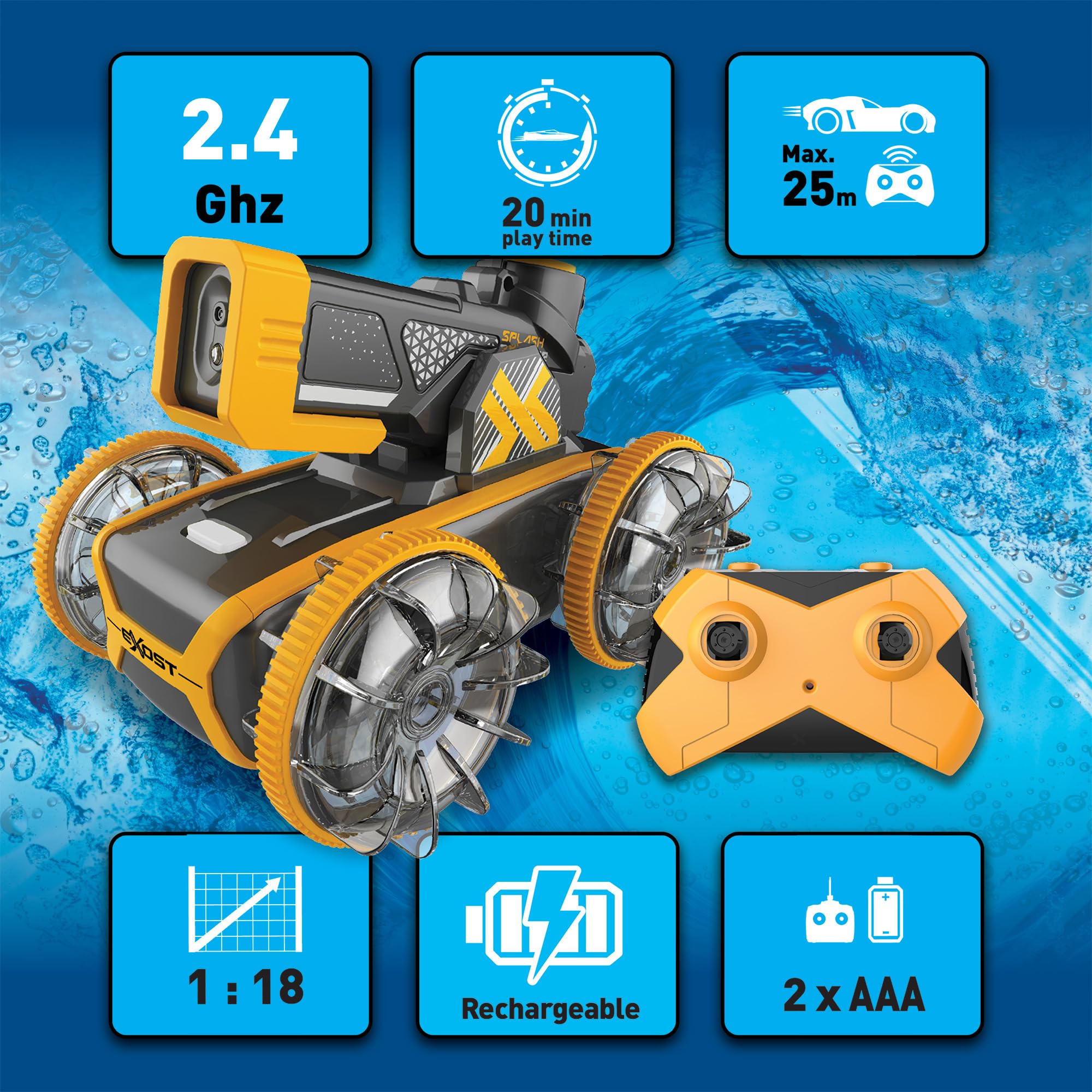 Silverlit Exost Hydro Blast - Coche con Control radiocontrolado por Radio y función de Pistola de Agua, Rueda en Tierra y Agua, batería Recargable a Partir de 5 años