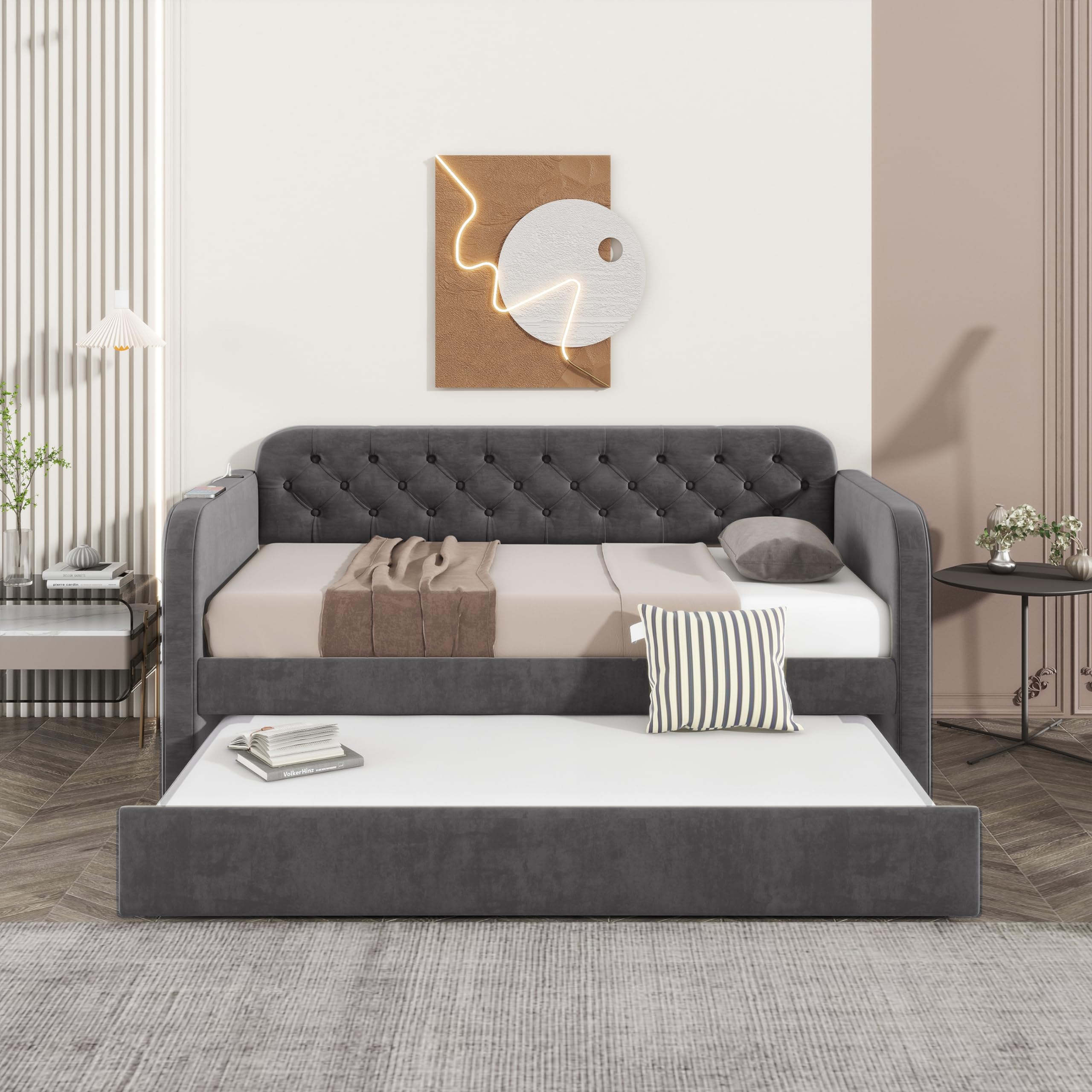 MNMKHK Twin Size Upholstered Daybed with Trundle and USB Ports, Modern Velvet Tufted Sofa Bed with Button on Back and Square Shape Arms for Bedroom