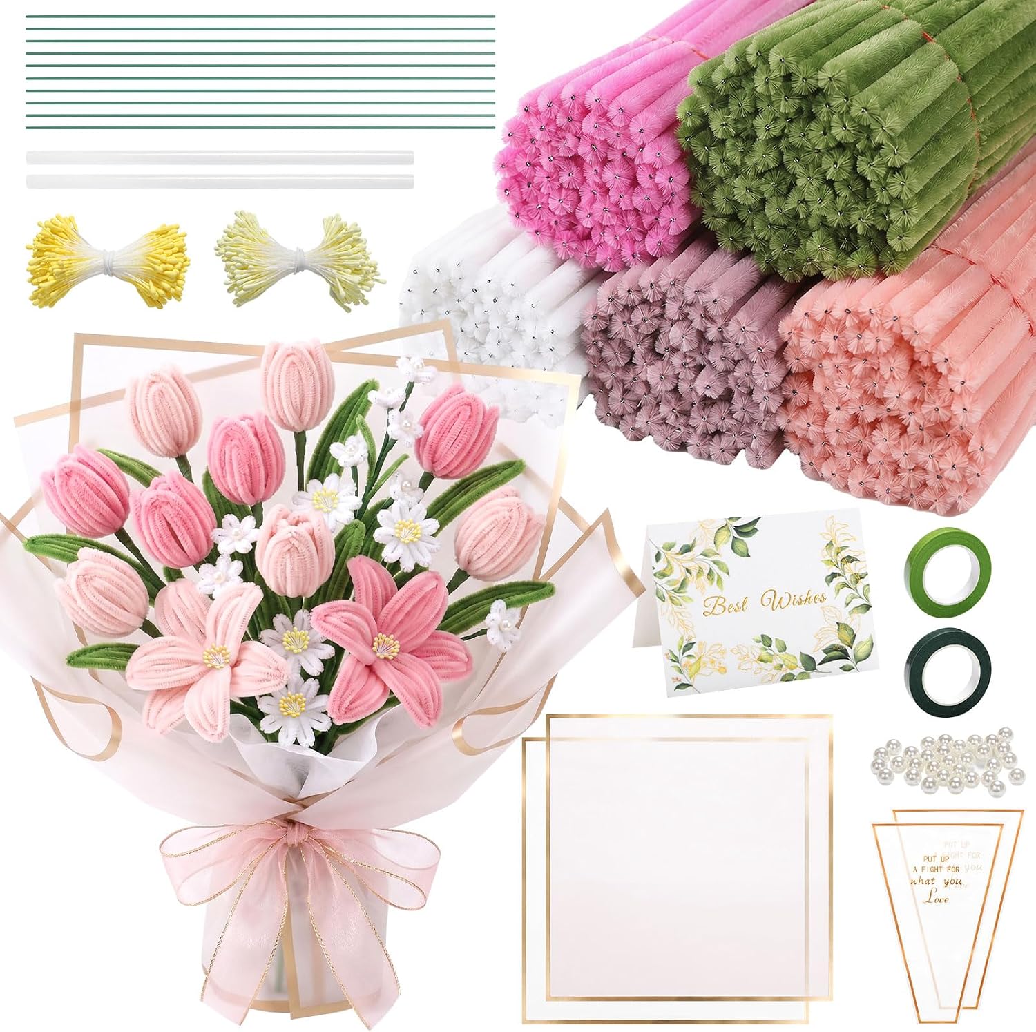 Apparlxer 500Pcs Pipe Cleaner Flower Kit, 5 Colors Chenille Stems Craft Set with Floral Tape, Stamens, Pearls, Ribbon, Gift Wrap, Cards & Instructions for DIY Bouquet Gifts (500 PCS)