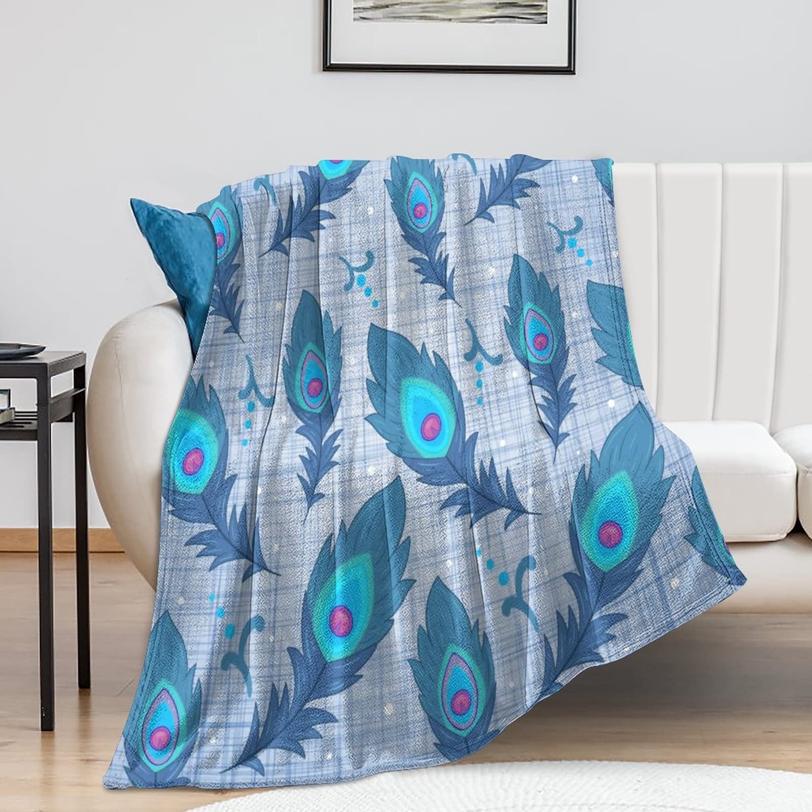Couverture de lit en peluche douce motif paon pour soirées cocooning