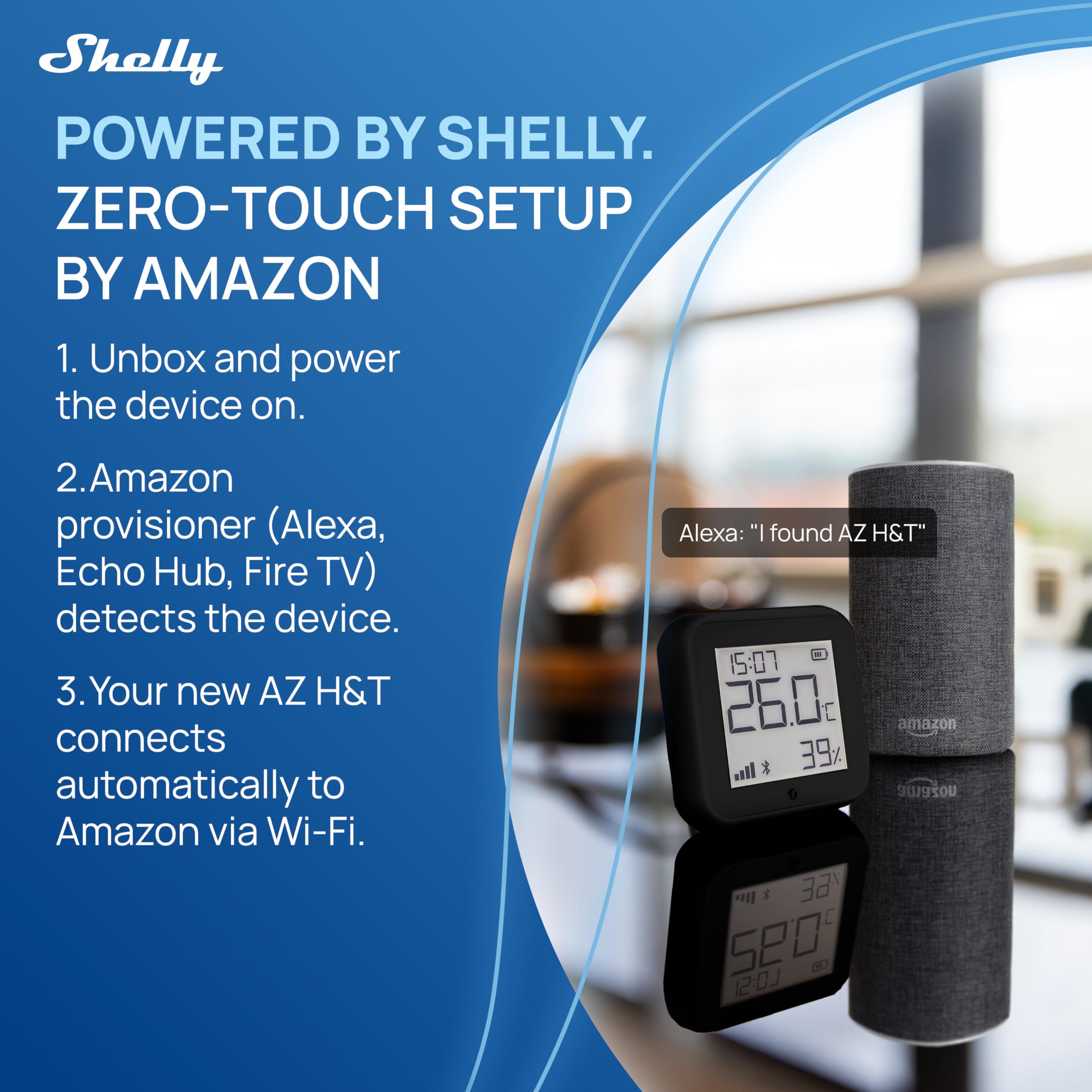 Shelly AZ H&T Nero, Sensore Intelligente di Temperatura e Umidità Wi-Fi, Connessione Rapida con Alexa, Archiviazione Dati, Nessun Hub Richiesto, Scene Intelligenti, Smart Home, Domotica