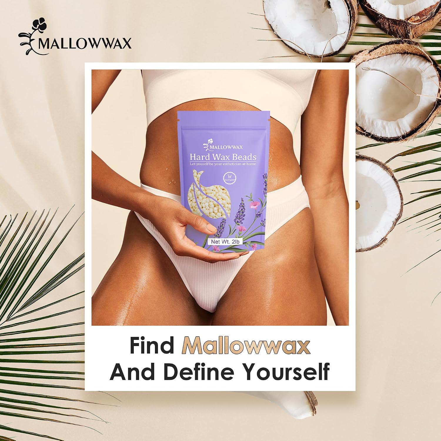 Mallowwax Hard Wax Beads, 2LB Coconut Cream Wax for Sensitive Skin, Gentle Hair Removal for Face, Bikini, Legs & Brazilian, No Strips Needed & Easy to Use at Home
