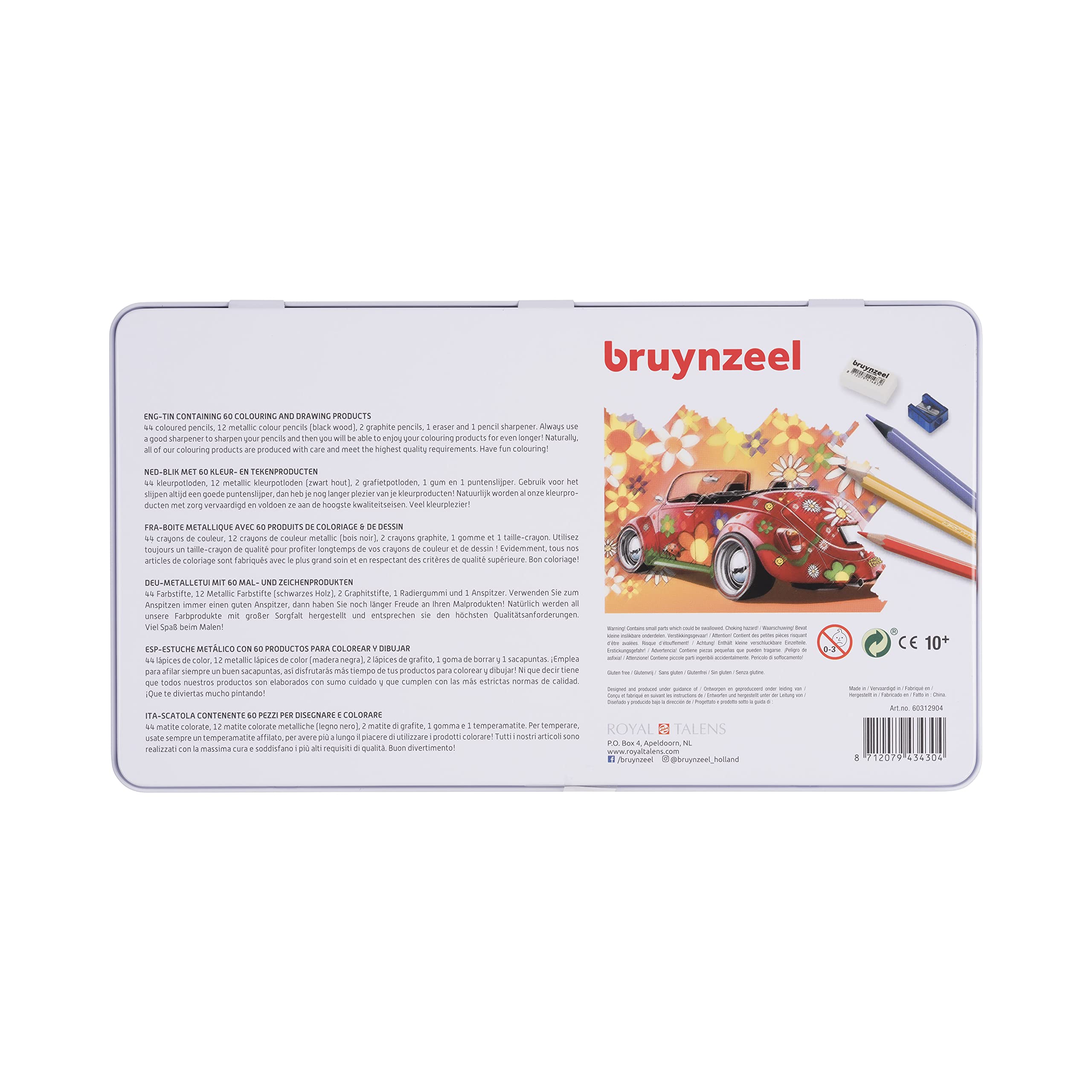 Bruynzeel Painting Set 60 Pieces | 44 Colouring Pencils, 12 Metallic Pencils, 2 Graphite Pencils, Sharpener + Eraser