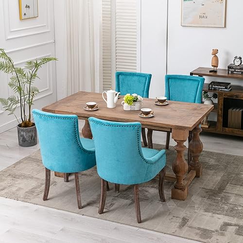 Miniatura 2 de Sillas de Comedor - Juego de 6 sillas de comedor modernas, tapizadas de tela con respaldo alto con ribete de cabeza de clavo y patas curvadas de 03