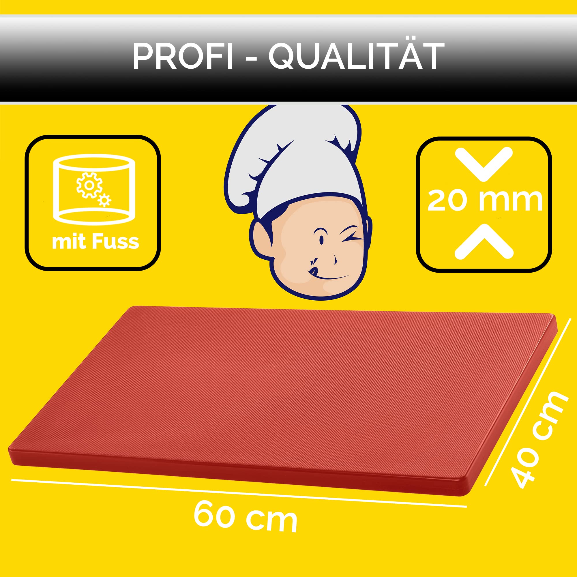 Schneidbrett | großes Hackbrett HACCP Schneidebrett | Küchenbrett 2cm dick mit rutschhemmenden Füßen 60x40 aus Kunststoff antibakteriell Gastronomie Qualität Klingenschonend rot