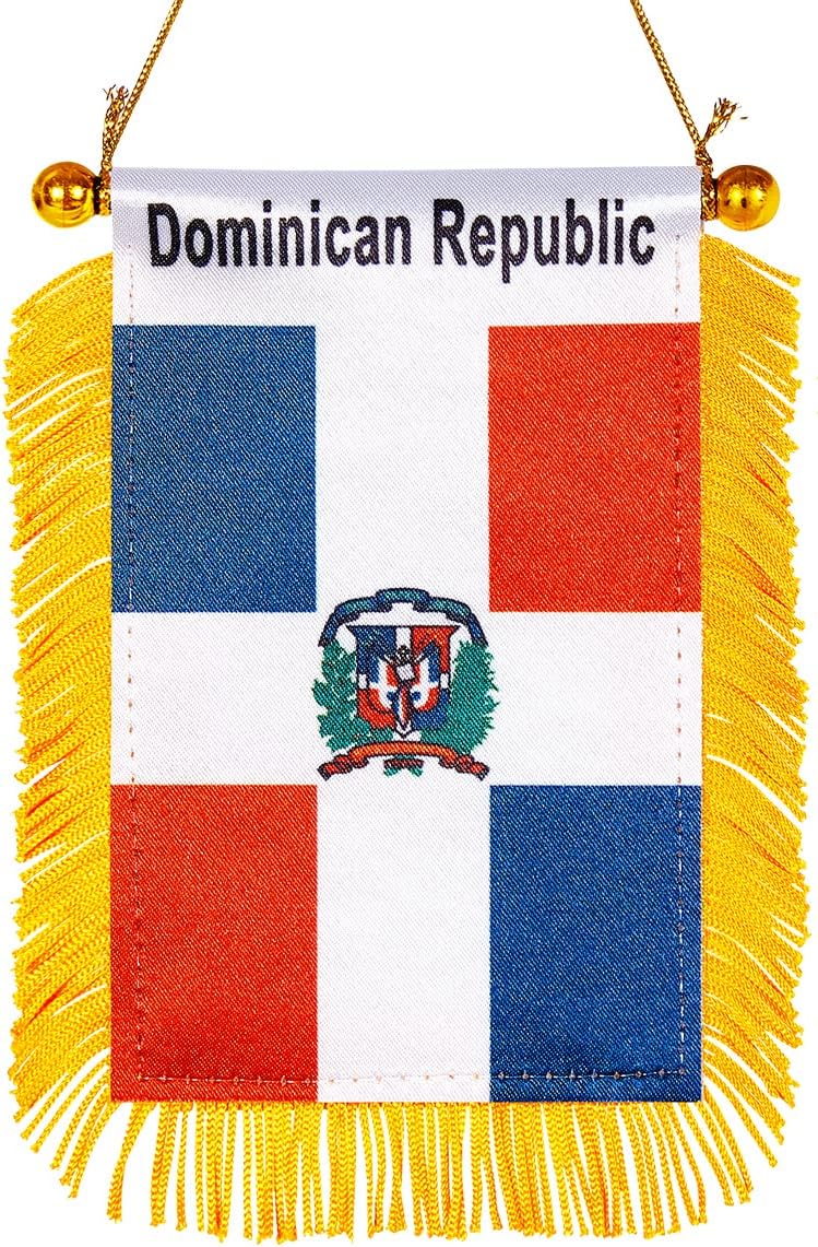 WXTWK 3 X 5 Inch Dominica Flag Dominican Window Hanging Flag Small Mini Car Flags Banners Rearview Mirror Decoration With Suction Cup Golden Fringy Banner