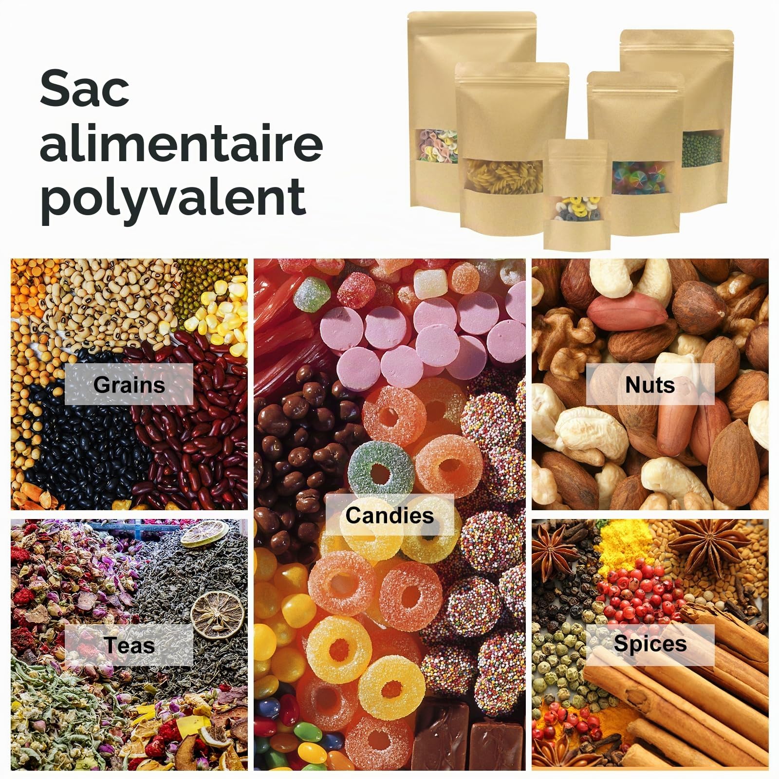 SumDirect 50Pcs 18x26cm Sac Papier Kraft Zip Fermeture à Glissière Éclair Stand Up Sachet Plastique Alimentaire Grand Pochettes Avec Cran et Matte Fenêtre