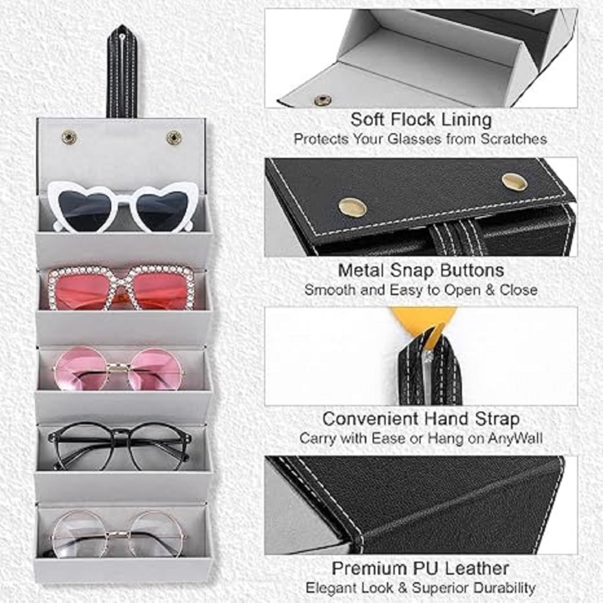 VIVUE 5 Slots Travel Sunglasses Organizer Case With Goggles Cover for Men Women, PU Leather Foldable Eyeglasses Case With Hanging Strip, Glasses Storage Box for Spectacles, Goggles - Image 6 thumbnail