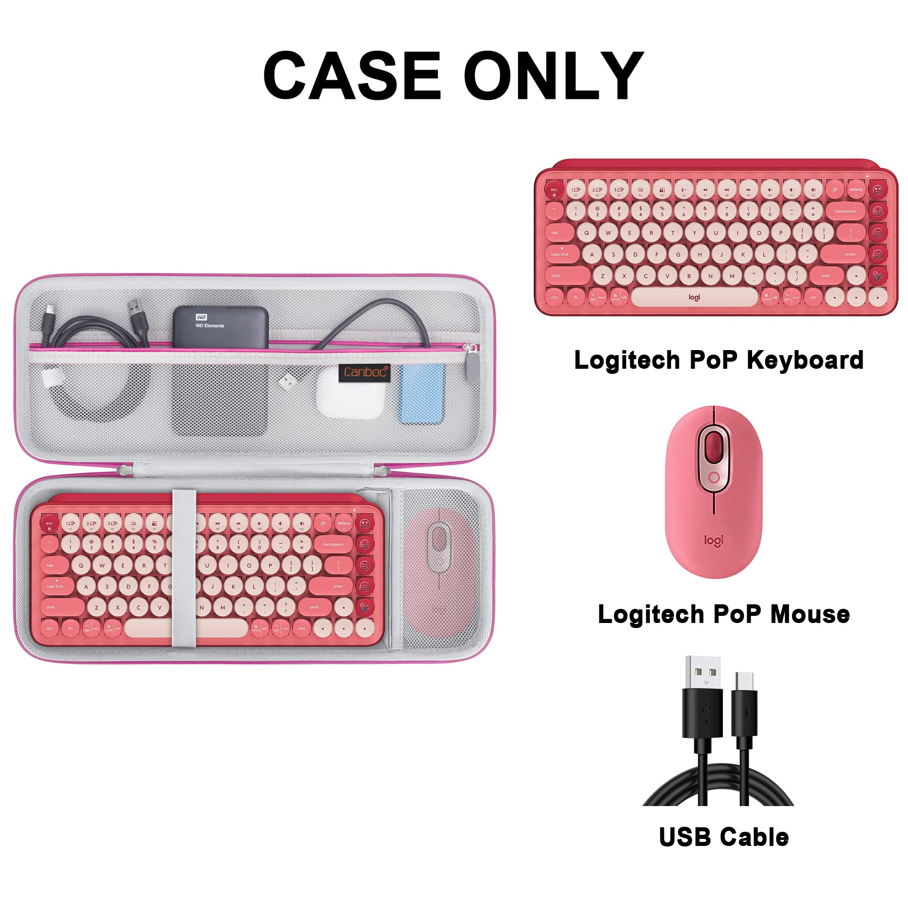 Canboc Hard Carrying Case for Logitech POP Keys Mechanical Wireless Keyboard and POP Wireless Mouse, Mesh Pocket fits Cables, USB Receiver, Spare Keycaps and More Accessories, Raspberry