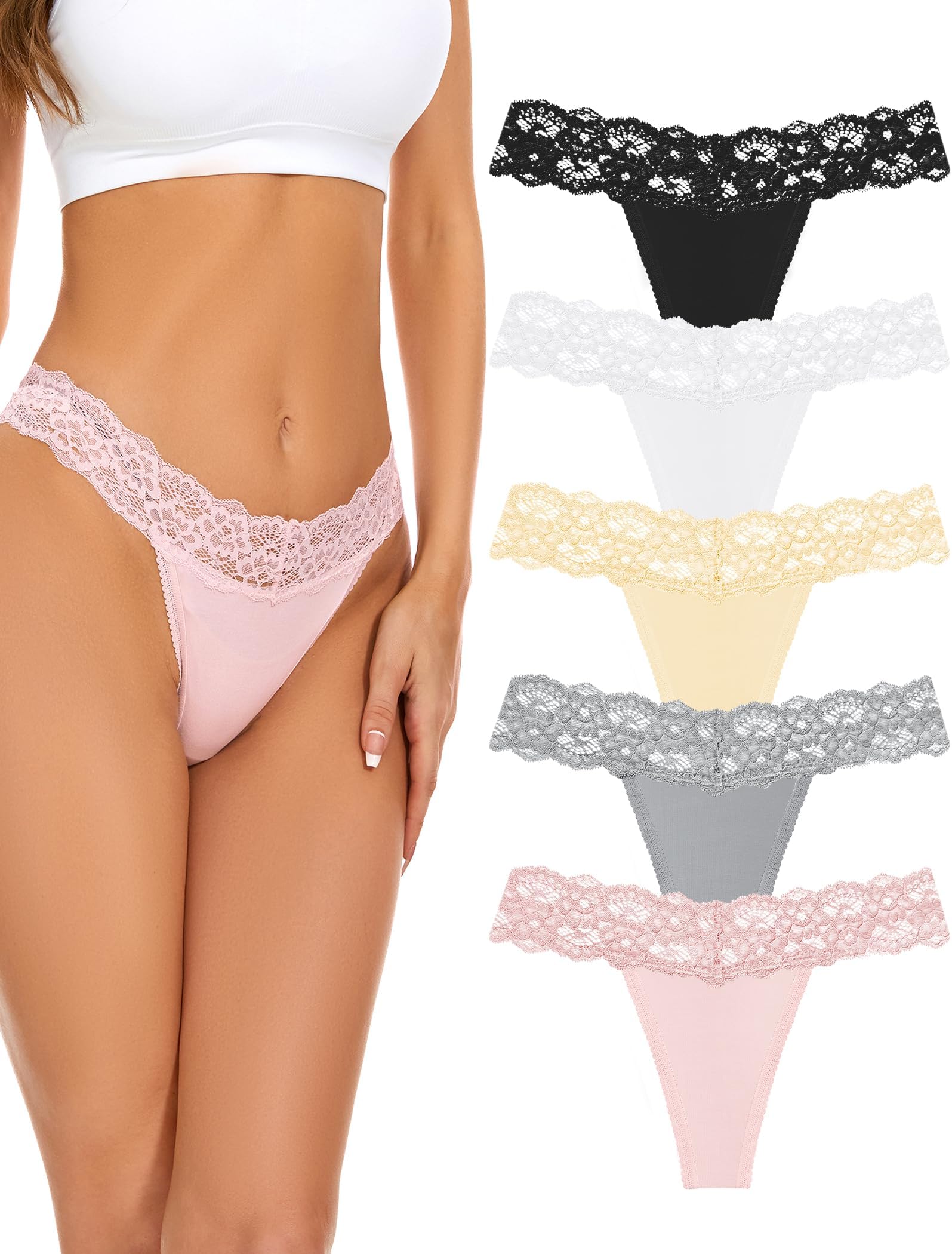 Seamless Thong for Women,No Show Lace Underwear,Ladies Cotton Blend Breathable Panties,Comfort Soft Undie,Tanga,5-Pack