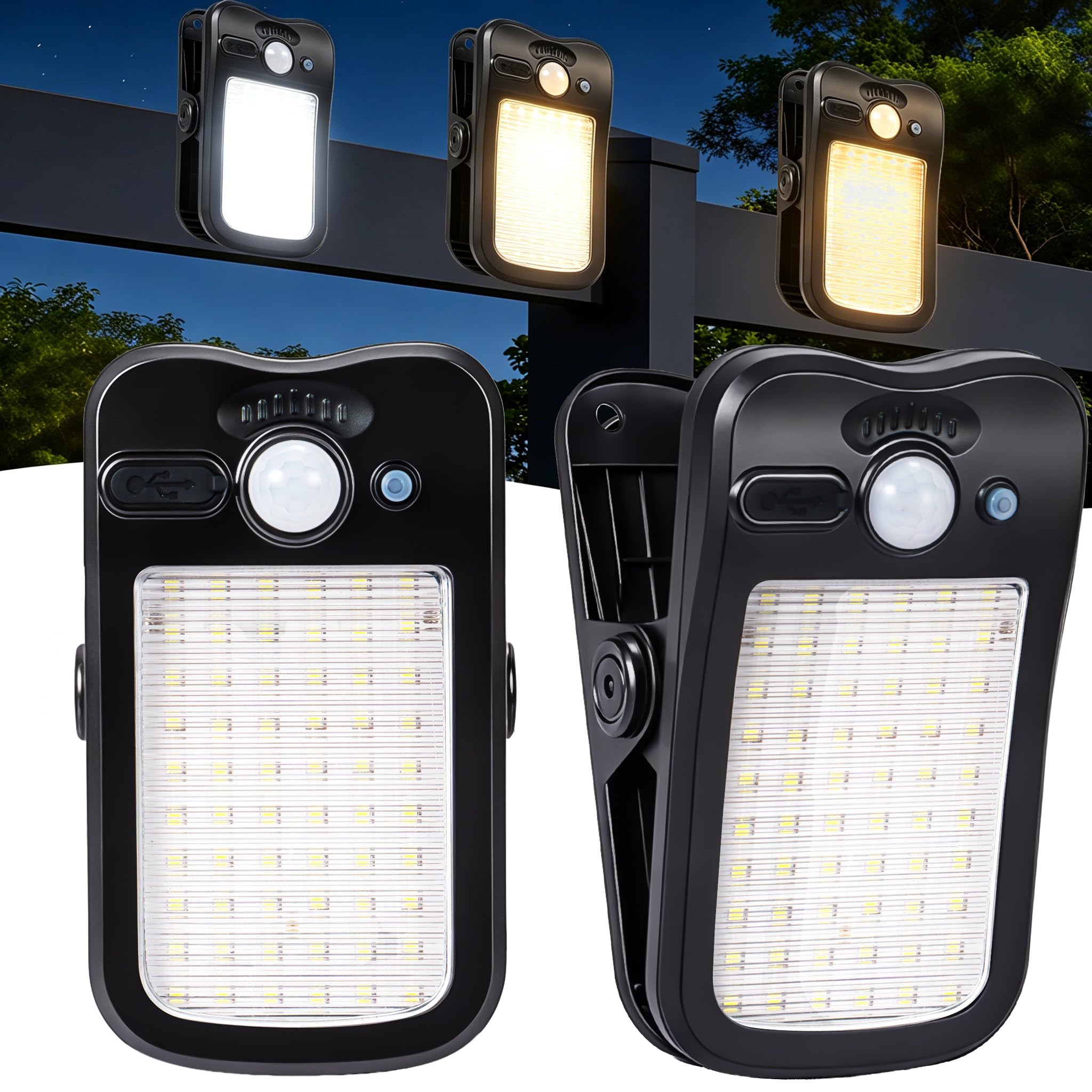 Solarleuchten mit Bewegungsmelder zum Anklippen, für den Außenbereich, mit Fernbedienung, 4 Stück, solarbetrieben und USB-Aufladung, 60 LEDs, 3 Farbtemperatur, 3 Modi, wasserdichte
