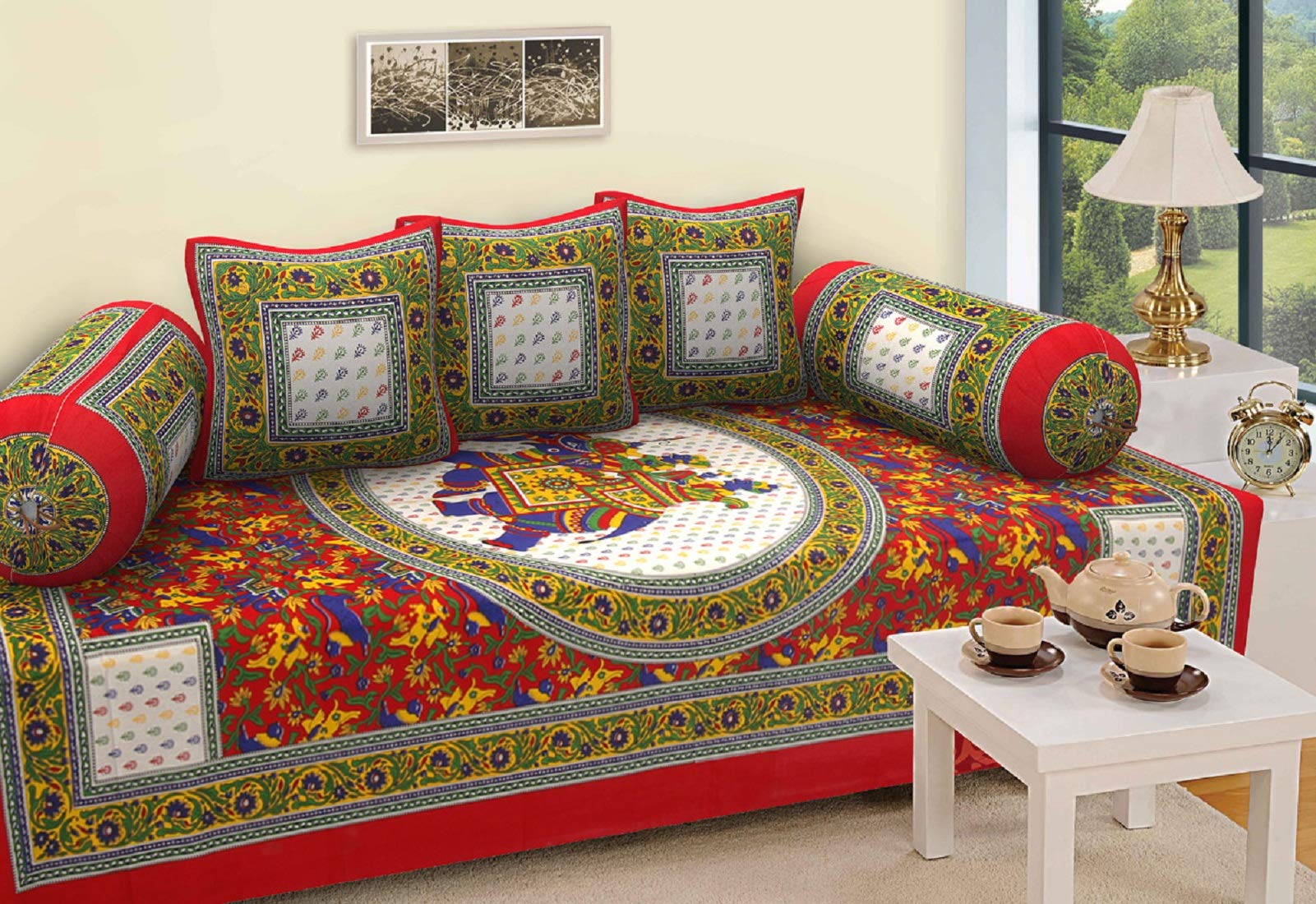 Cotton Geometric Diwan Set 1 Single bedsheet,3 Cushion Cover, 2 Bolster Cover-image-48