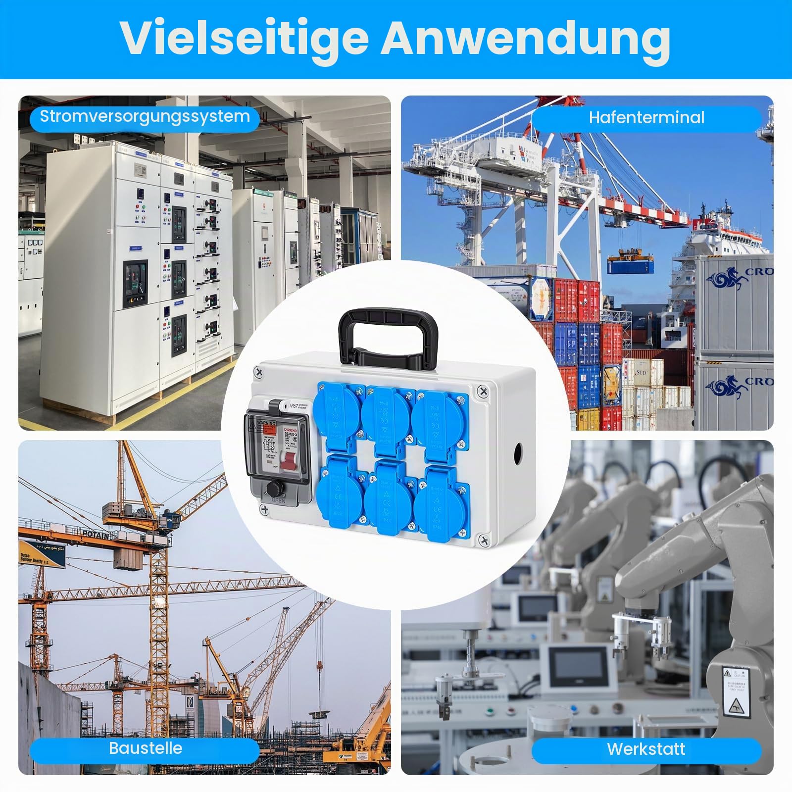 Baustromverteiler 16A IP67 Stromverteiler mit 6-Fach Schuko-Steckdose & FI-Schalter 30mA, 230V Stromverteilerkasten für Baustelle Outdoor Garten, Wasserdichter Wandverteiler mit Leitungsschutzschalter