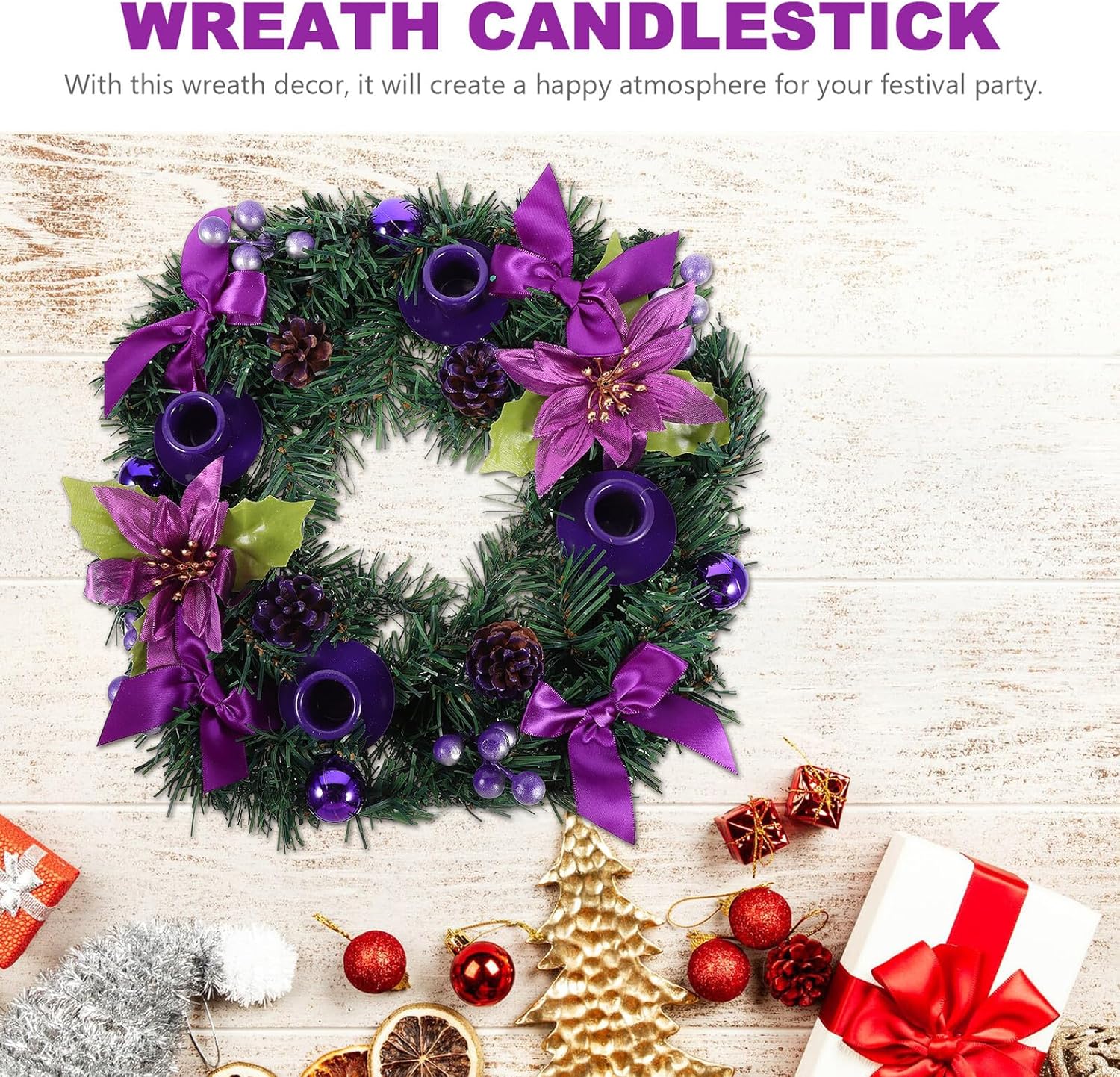 FOMIYES Christmas Wreath Candle Holder with Simulation Garland, Winter Table Decor for Holiday Party, Xmas Candle Ring Accent for Seasonal Home Decoration