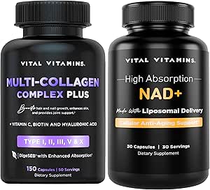 Vital Vitamins Multi Collagen Complex Plus - with Biotin, Hyaluronic Acid, Vitamin C - Type I, II, III, V, X - for Women & Men - Hair, Skin, Nails Beauty Complex - 150 Capsules