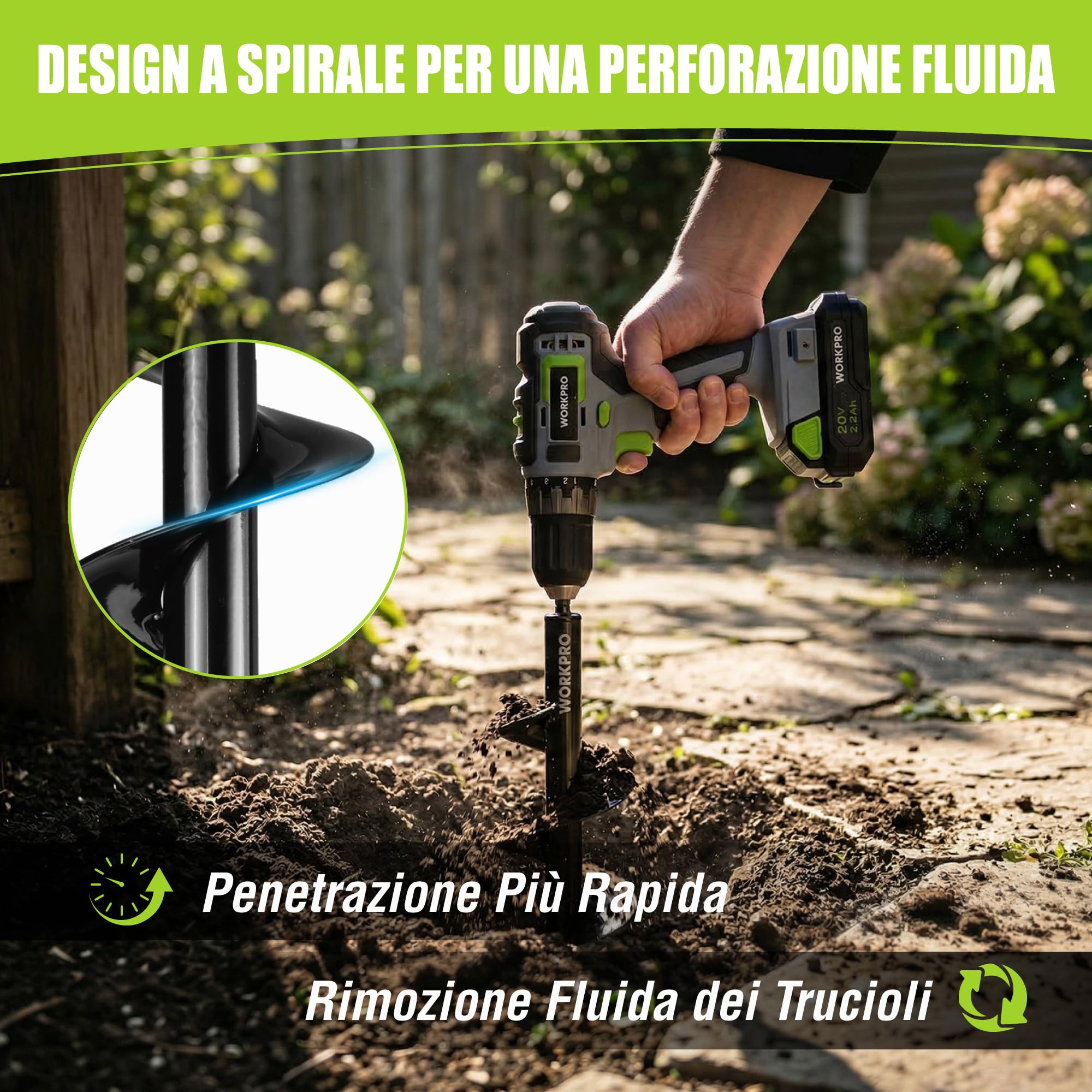 WORKPRO Trivella da Giardino, Trapano da Giardino per Trapano Elettrico, Vite a Spirale Senza Fili, Trapano Manuale, Strumento per Scavare per Piante e Fori (4 x 42 cm e 9 x 40 cm) 2 Pezzi