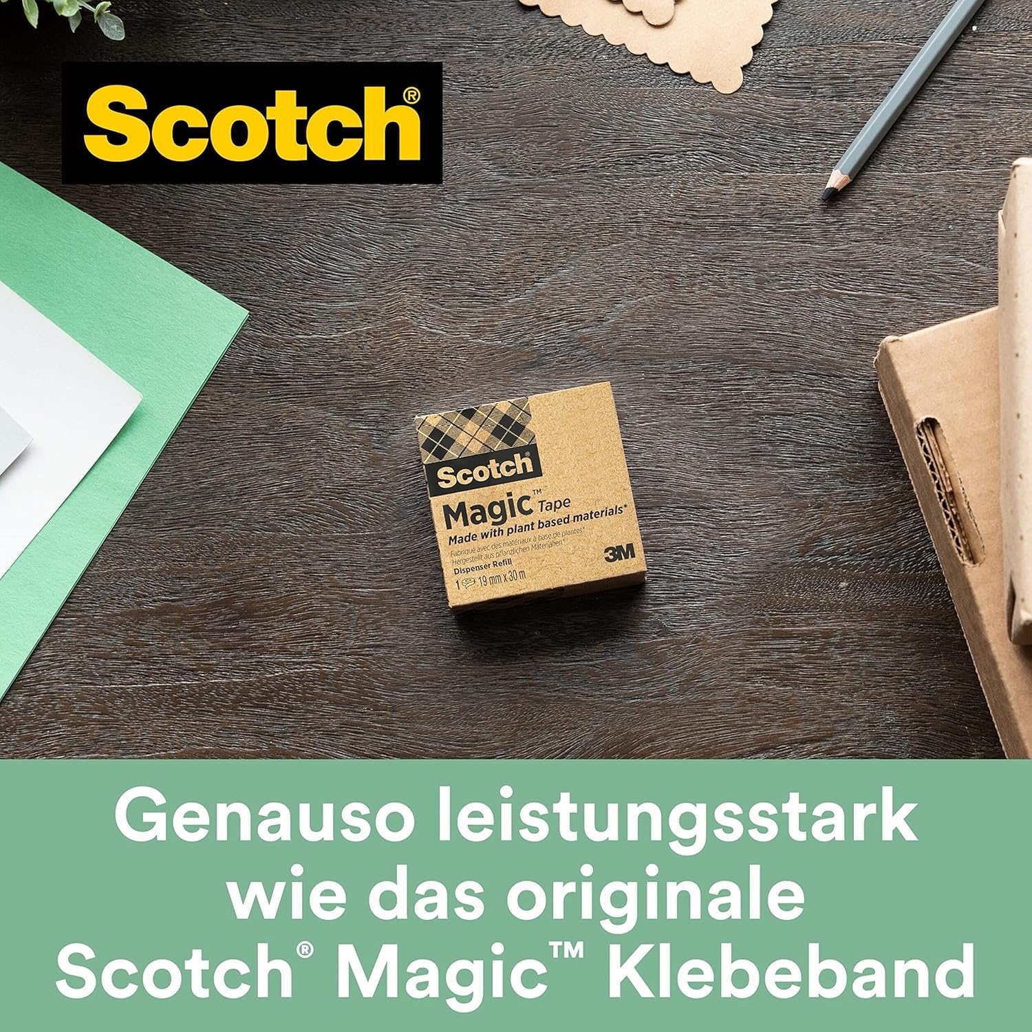 Scotch Magic Klebeband A Greener Choice 19 mm x 20 m im Handspender - 100 % recycelt, Unsichtbares Klebeband mit Pflanzlichem Klebstoff zur Reparatur, Etikettierung und Versiegelung von Dokumenten