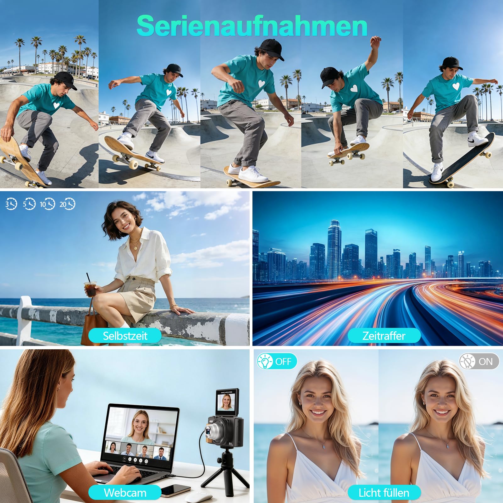 Digitalkamera 5K WiFi 80MP Kamera Fotokamera mit 12X Optischer Zoom, 3" 180° Flip Autofokus Fotoapparat Kompaktkamera für Anfänger, 2 Akkus, 16GB Karte, Schwarz