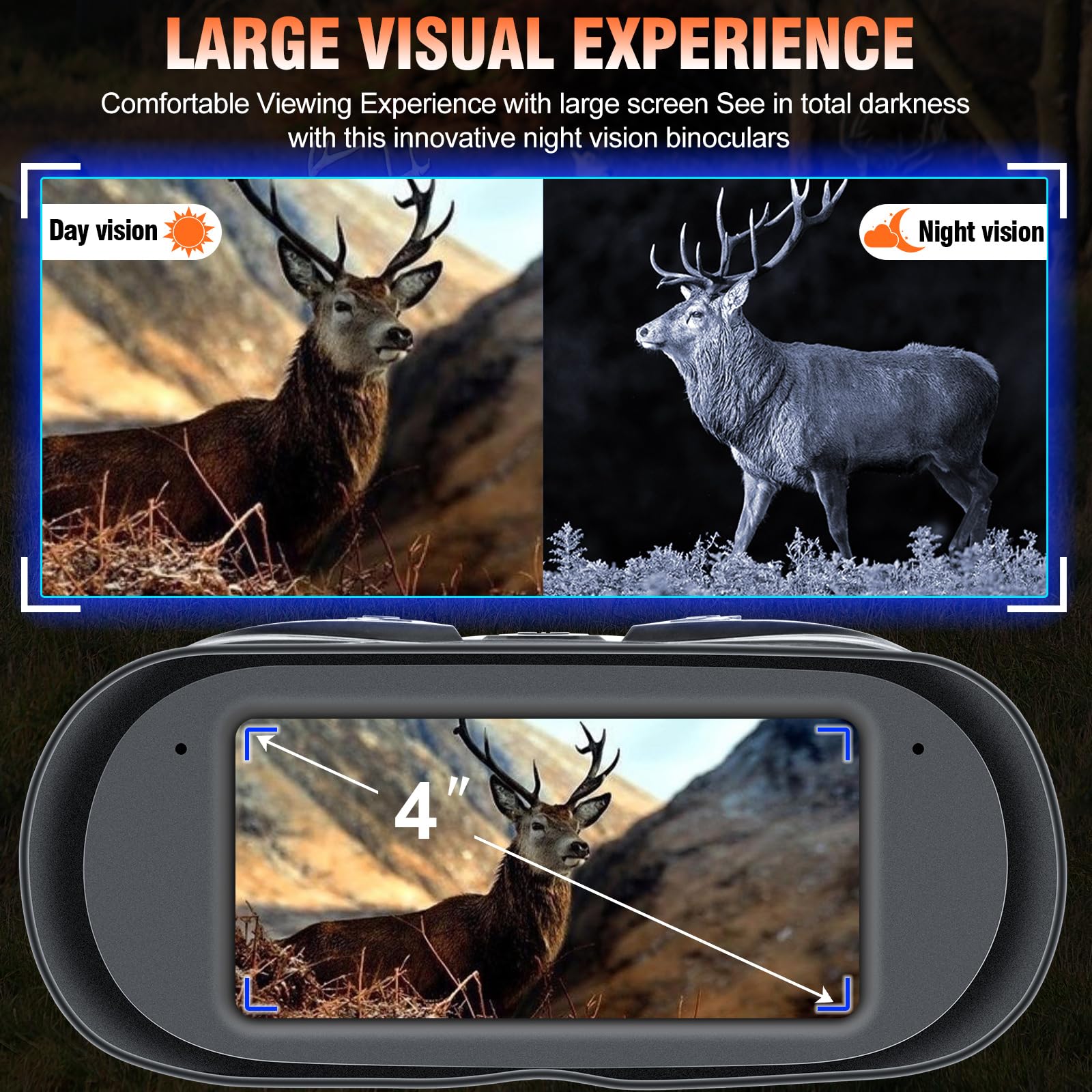 Jumelle Vision Nocturne Infrarouge 4K HD, Lunettes de Vision Nocturne Professionnelle avec Portée 800m, Batterie 7000mAh Rechargeable, Zoom Numérique 5X, Écran LCD 4", pour Camping, Observation