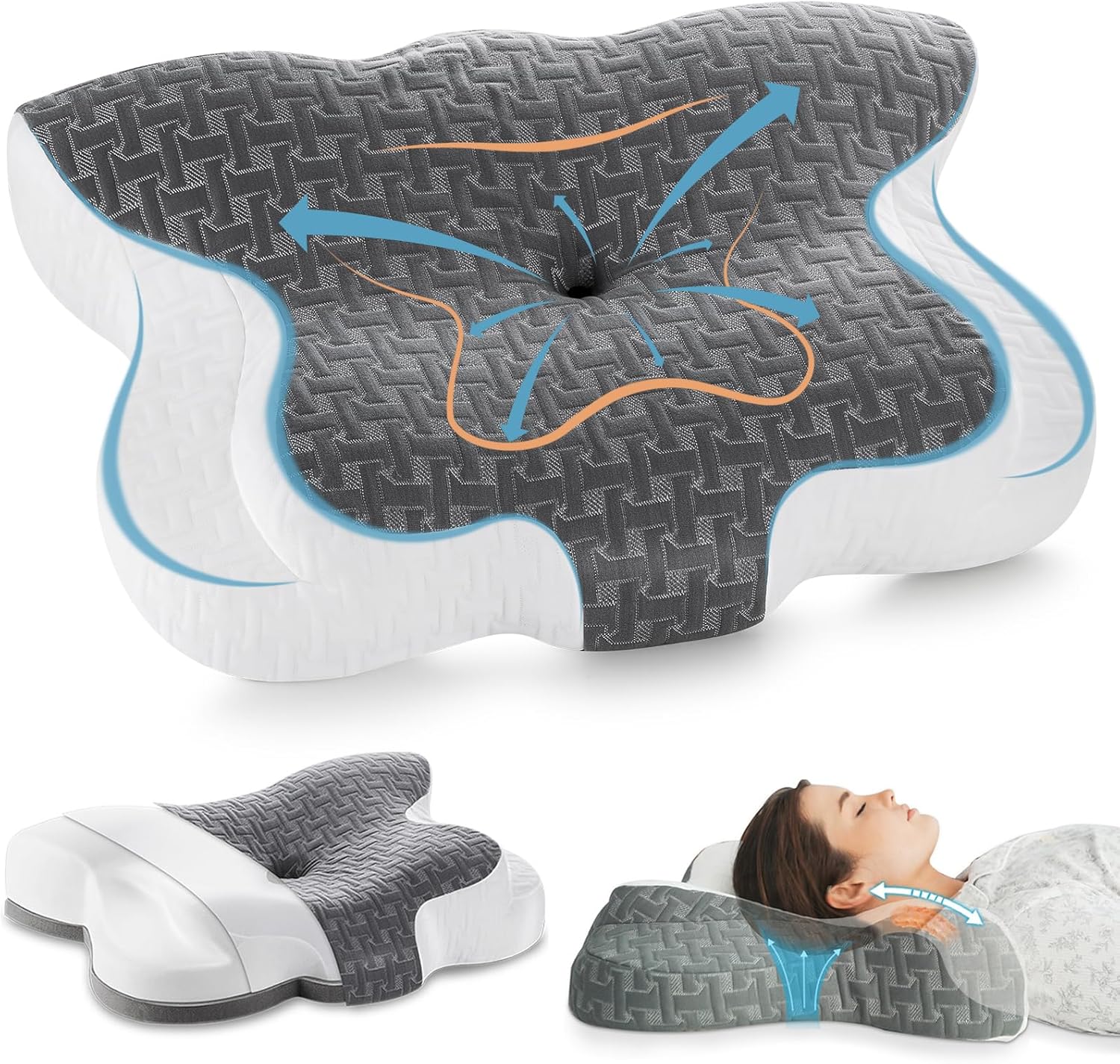 Elviros Cervical Memory Foam Pillow, Ergonomic Orthopedic Deep Sleep Neck Pillow, Adjustable Groove Bed Pillow with Washable Cover for Side Back and Stomach Sleepers