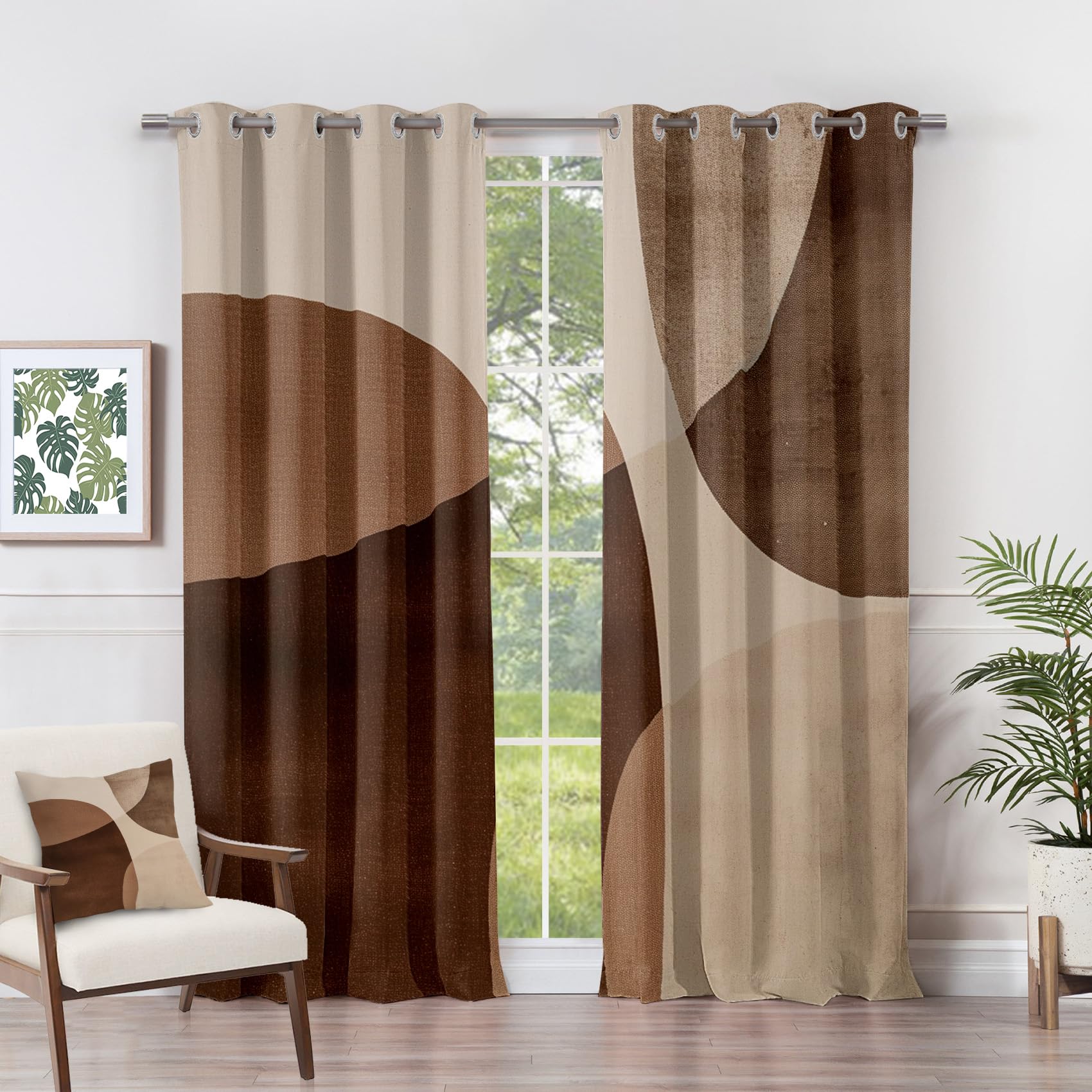 Geometric Curtains Eyelet - Geometric Curtains - Abstract Modern Minimalist Blackout Curtains 46 x 72 Inch (Width x Drop) 2 Panels, Brown Eyelet Curtains & Drapes