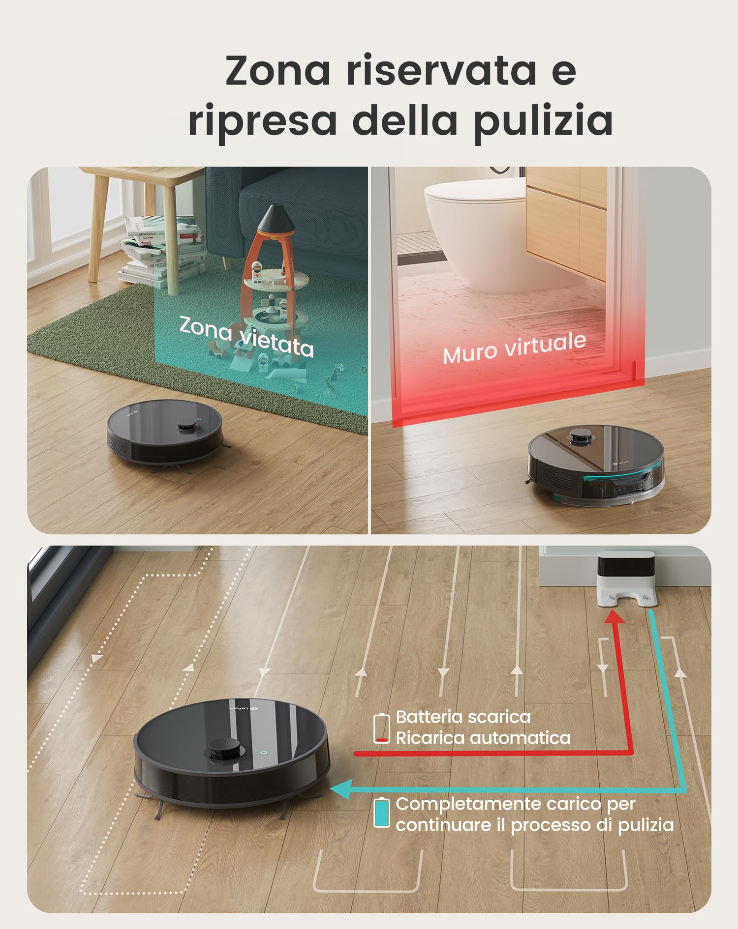 LEFANT N3 Robot Aspirapolvere Lavapavimenti con Mappatura,Sensore Laser d-ToF,Barriere Virtuali,10000pa,200min,Pulizia Dell'area Selezionata,Aspirapolvere Robot Collegato da Alexa/APP, Grigio