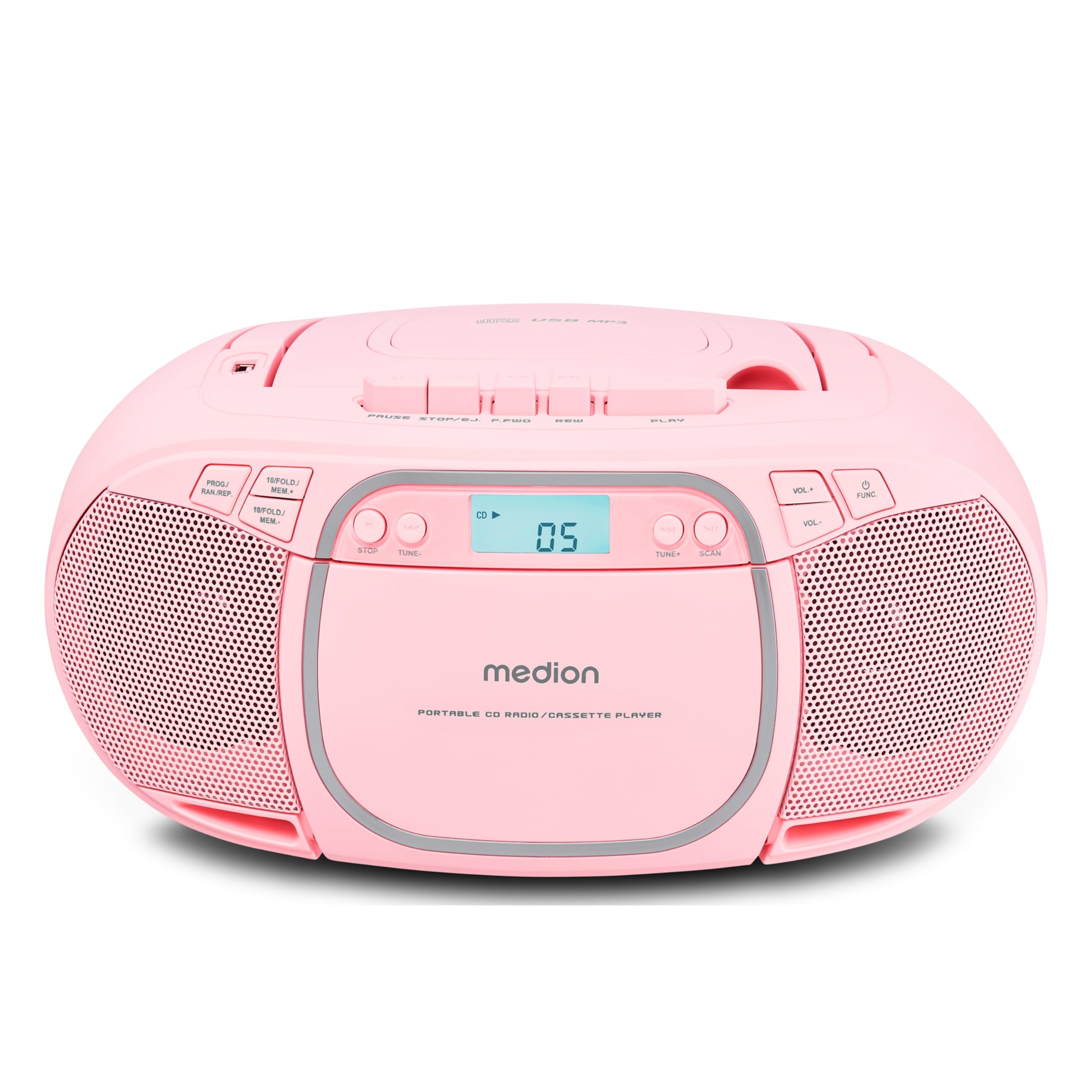 MEDION E66476 Stereo Sound System (Boombox, CD-Player, MP3, Kassette, tragbarer Kassettenspieler für Kinder, UKW Radio, AUX, Kopfhörer, Netz & Batterie) Pink