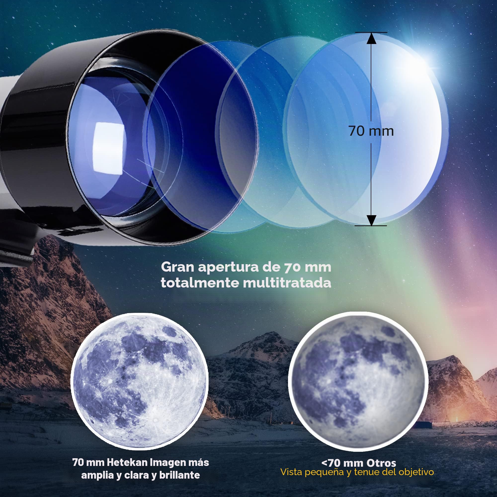 HETEKAN Telescopios, Telescopio para Niños Principiantes, 70mm De Apertura 400mm AZ Monte Telescopios para Adultos, Profesionales Refractor con Trípode, Finderscope y Adaptador De Teléfono