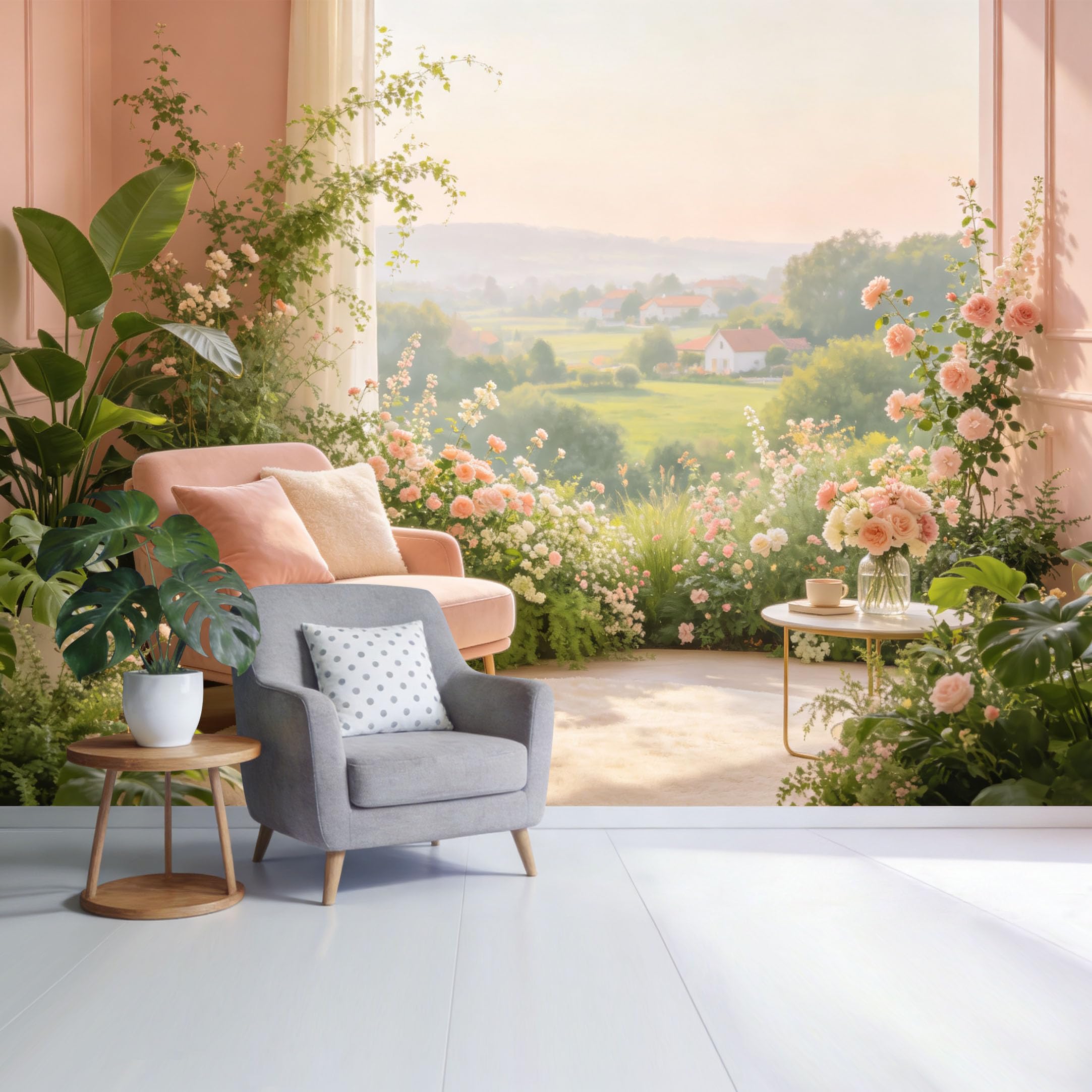 Custom Size Wall Mural Pastel Floral Garden Landscape Countryside View Botanical Window Scene SelfAdhesive Wall Fabric Removable Wallpaper for Home Office Decor