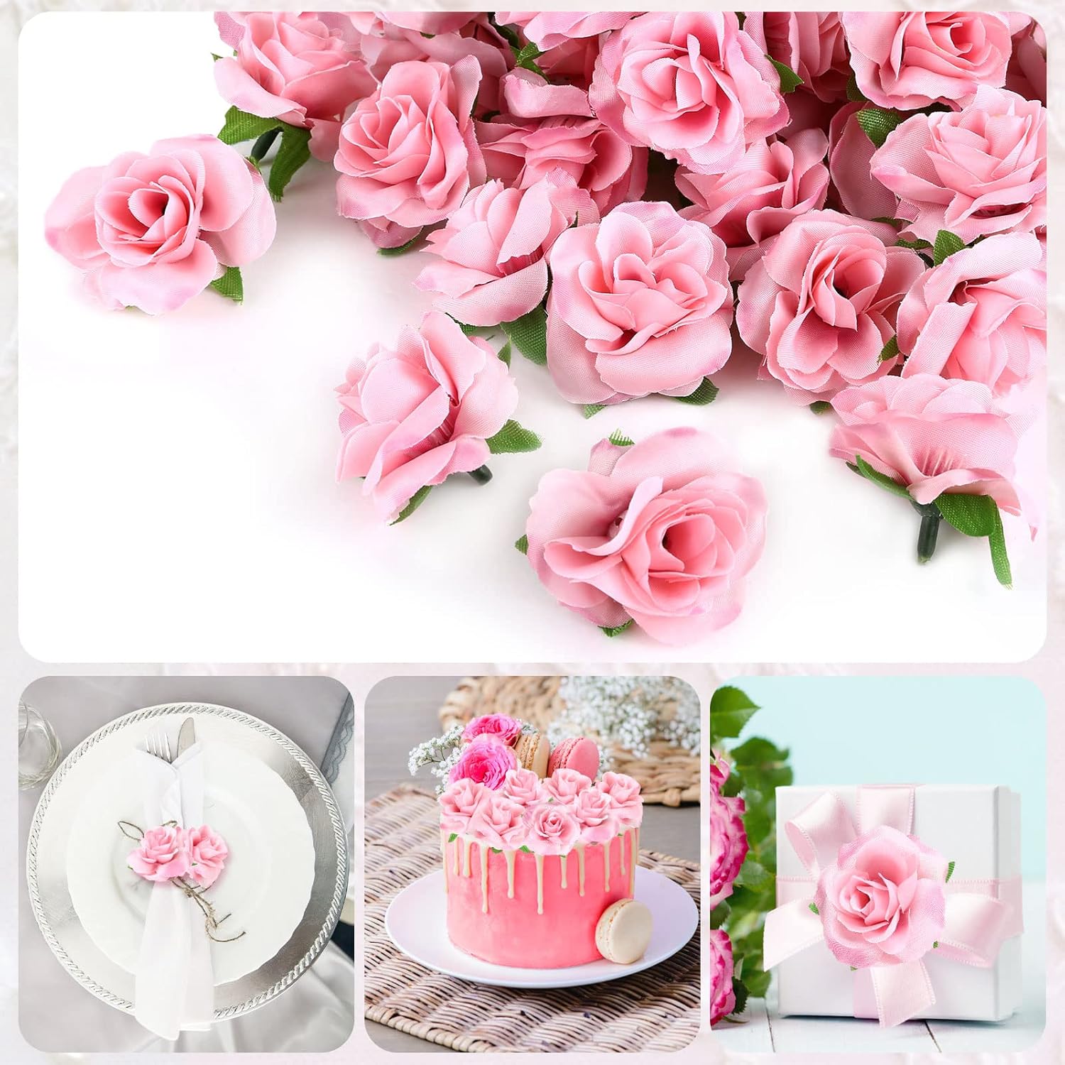 Yinsun 50pcs Pink Roses Artificial Flower Heads, 1.57” Small Silk Fake Flowers for DIY Wedding Bridal Shower Baby Shower Party Decoration - Image 7