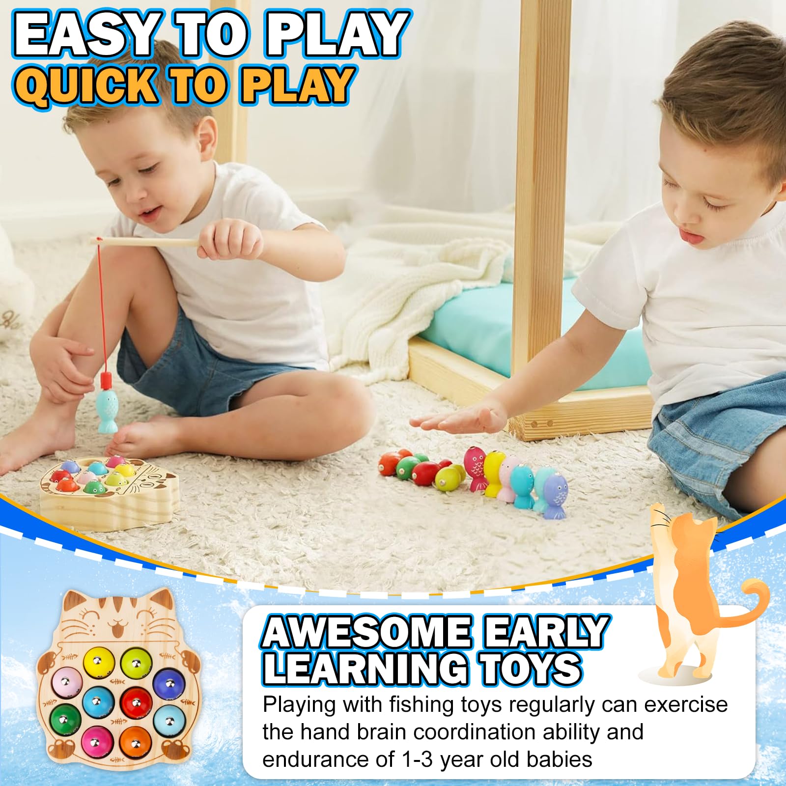 UCAMP Giochi Montessori,Magnetici di Pesca Giocattoli,2 Anni Legno Educativo Giocattoli,2 in 1 Giochi Magnetici di Pesca in Legno,Compleanno Regalo per 2 3 4 Anni Bambini Ragazzi