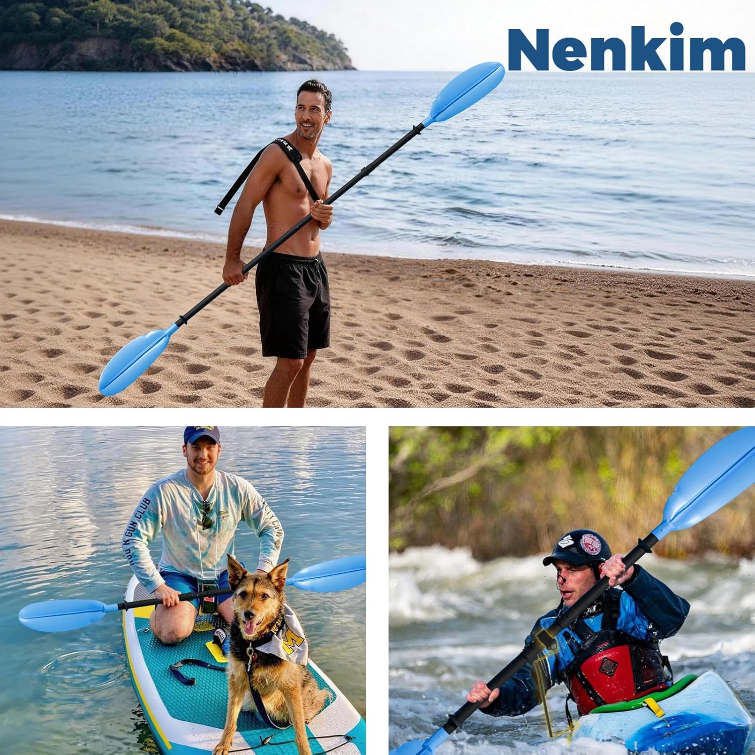 Adjustable Kayak Paddle, Lightweight Floating Oar Durable Floating Kayaking Oars Safety Rope with Stainless Steel Lock Buckle for Outdoor Kayaking Canoeing Fishing Boating.